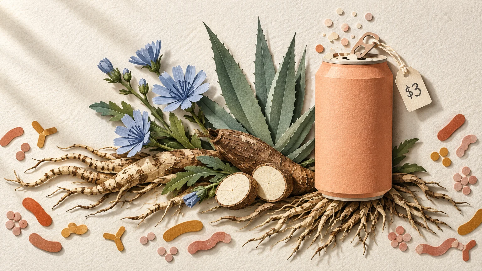 Paper craft soda can with a three-dollar price tag beside chicory flowers, roots, agave leaves, and microbe cutouts.