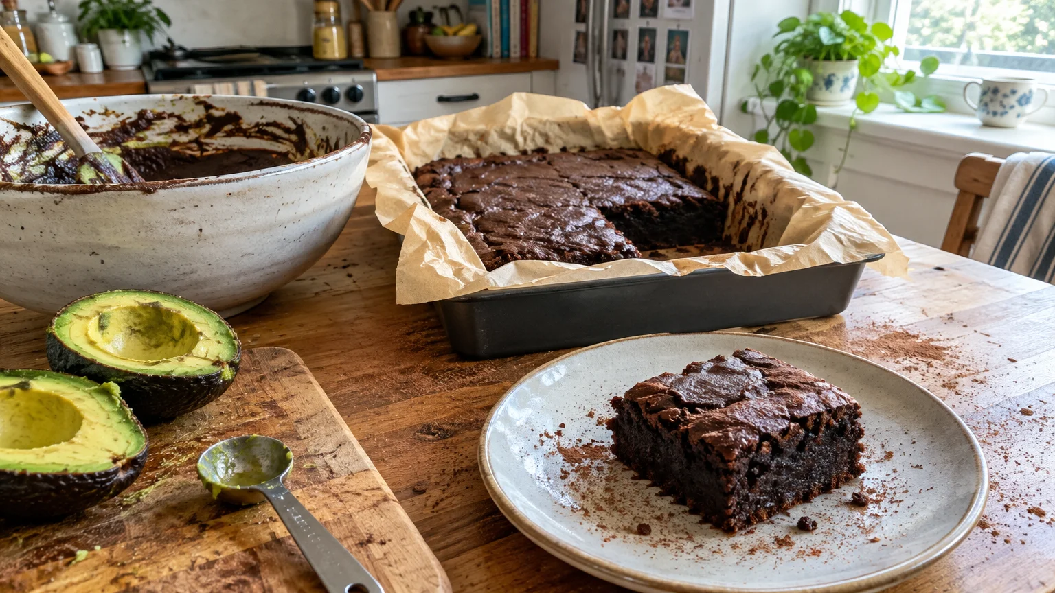 A chocolate brownie square on a plate beside fresh avocado halves, a mixing bowl, and brownies in a baking pan.