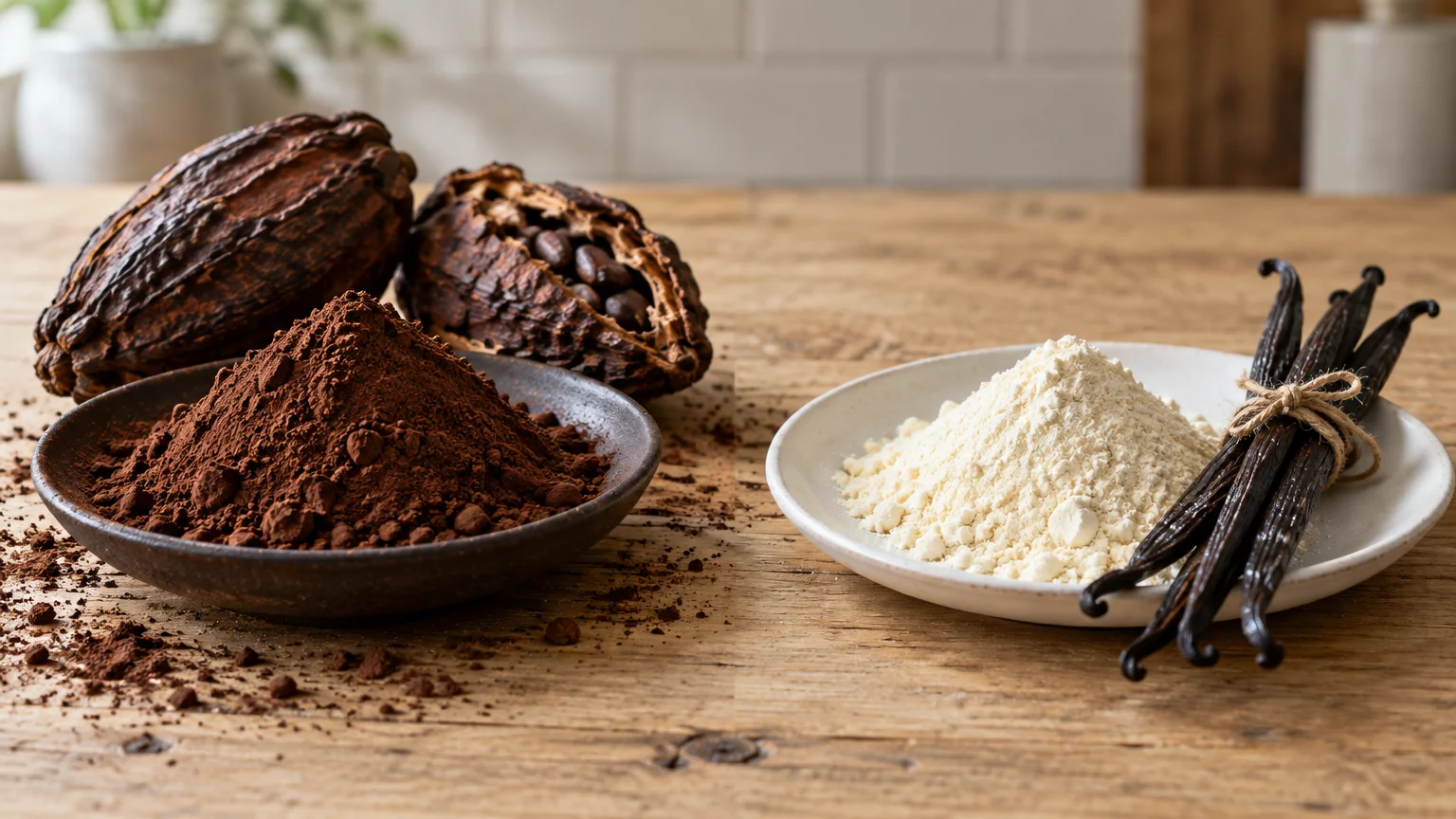 Bowls of cocoa powder with cacao pods and vanilla powder with dried vanilla beans on a wooden table.