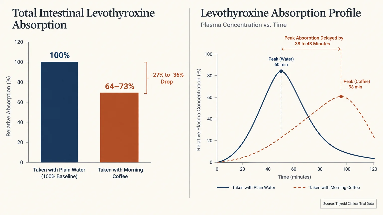 Bar graph showing reduced levothyroxine absorption with coffee beside a line graph illustrating delayed peak concentration.