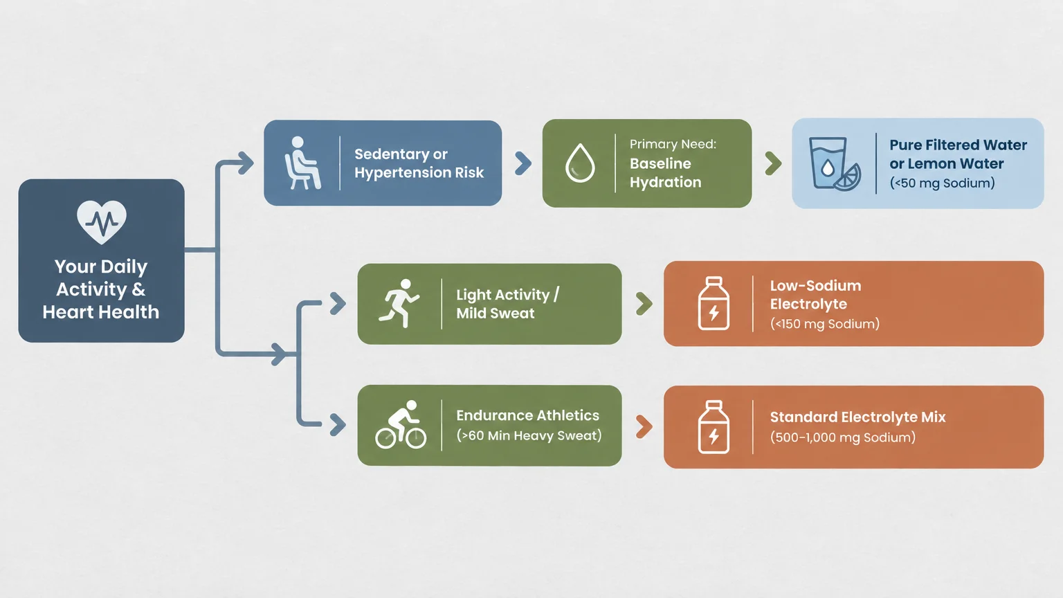 Flowchart mapping daily activity levels and hypertension risk to recommended hydration types and sodium ranges.