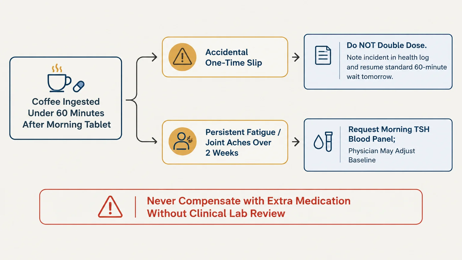 Flowchart outlining actions after drinking coffee too soon following medication, emphasizing not doubling the dose.