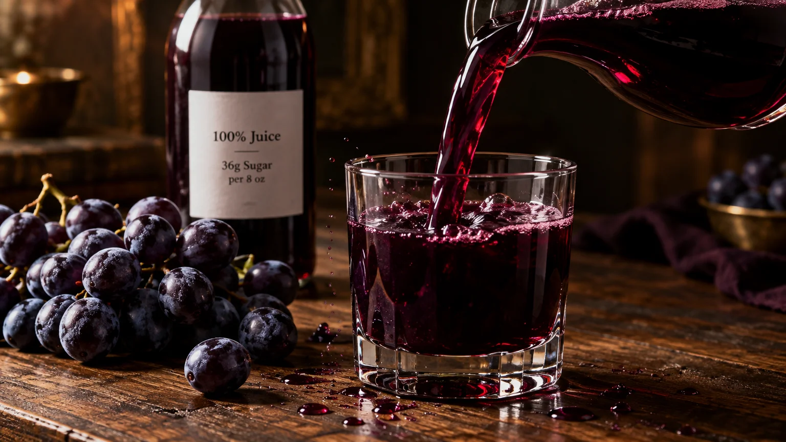 Grape juice poured from a glass pitcher into a tumbler on a wooden table beside dark grapes and a labeled bottle.