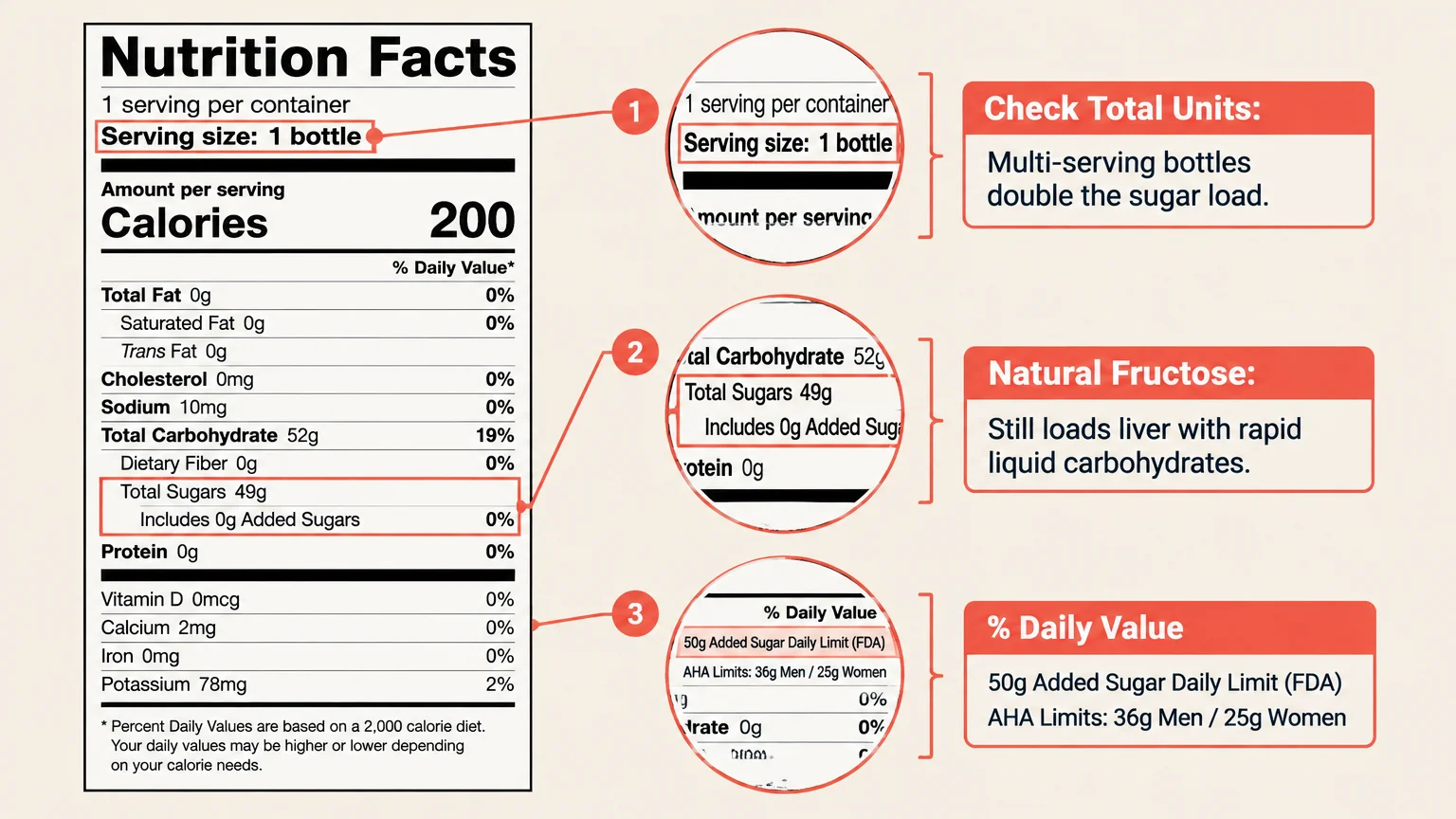 Nutrition Facts diagram highlighting serving size, total versus added sugars, and daily value limits with explanatory callouts.