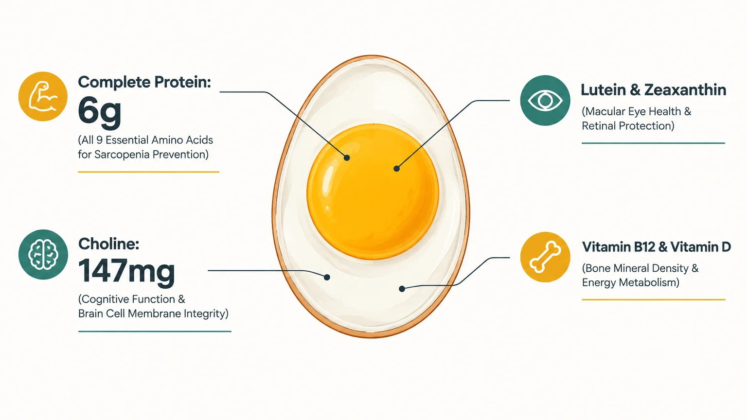 Diagram of a sliced hard-boiled egg with callouts for protein, choline, lutein and zeaxanthin, and vitamins.