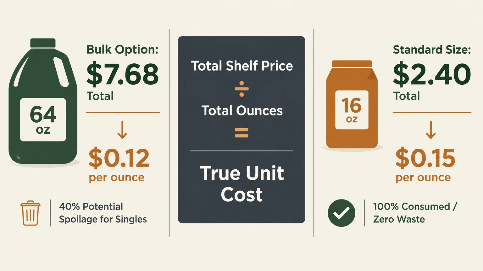 Diagram comparing bulk and standard sizes with a unit price formula showing total shelf price divided by total ounces.