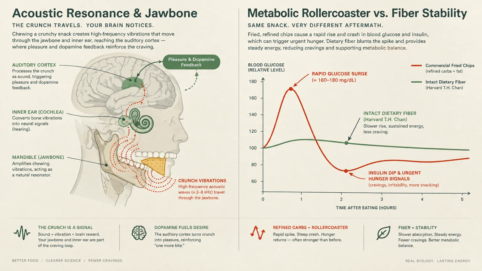 Diagram of acoustic vibrations traveling through a jawbone to the brain alongside a blood glucose response line graph.