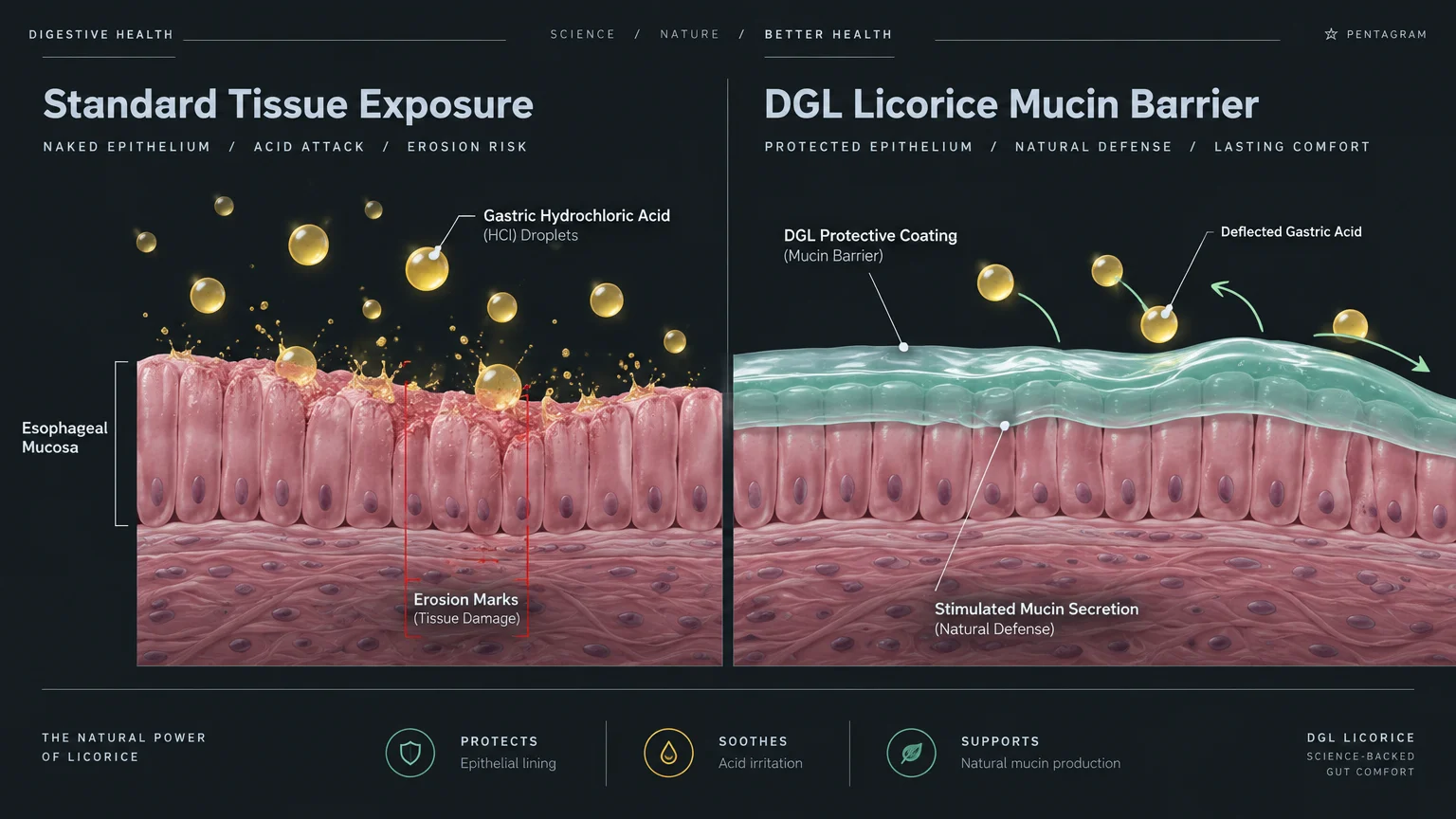 Diagram comparing acid eroding exposed esophageal tissue with a DGL protective mucin barrier deflecting gastric acid droplets.