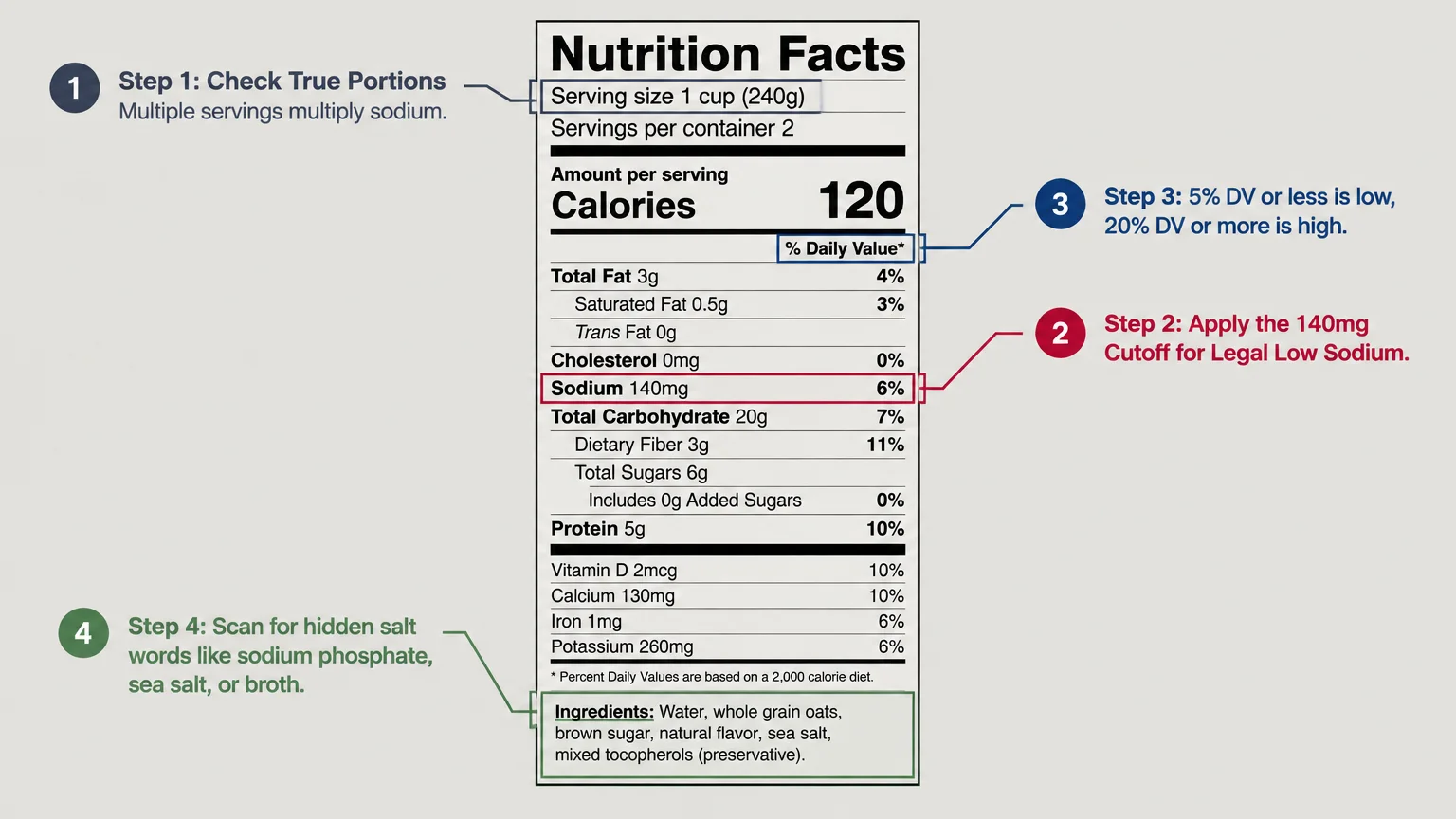 Diagram of a Nutrition Facts label annotated with four steps pointing to serving size, sodium, % Daily Value, and ingredients.