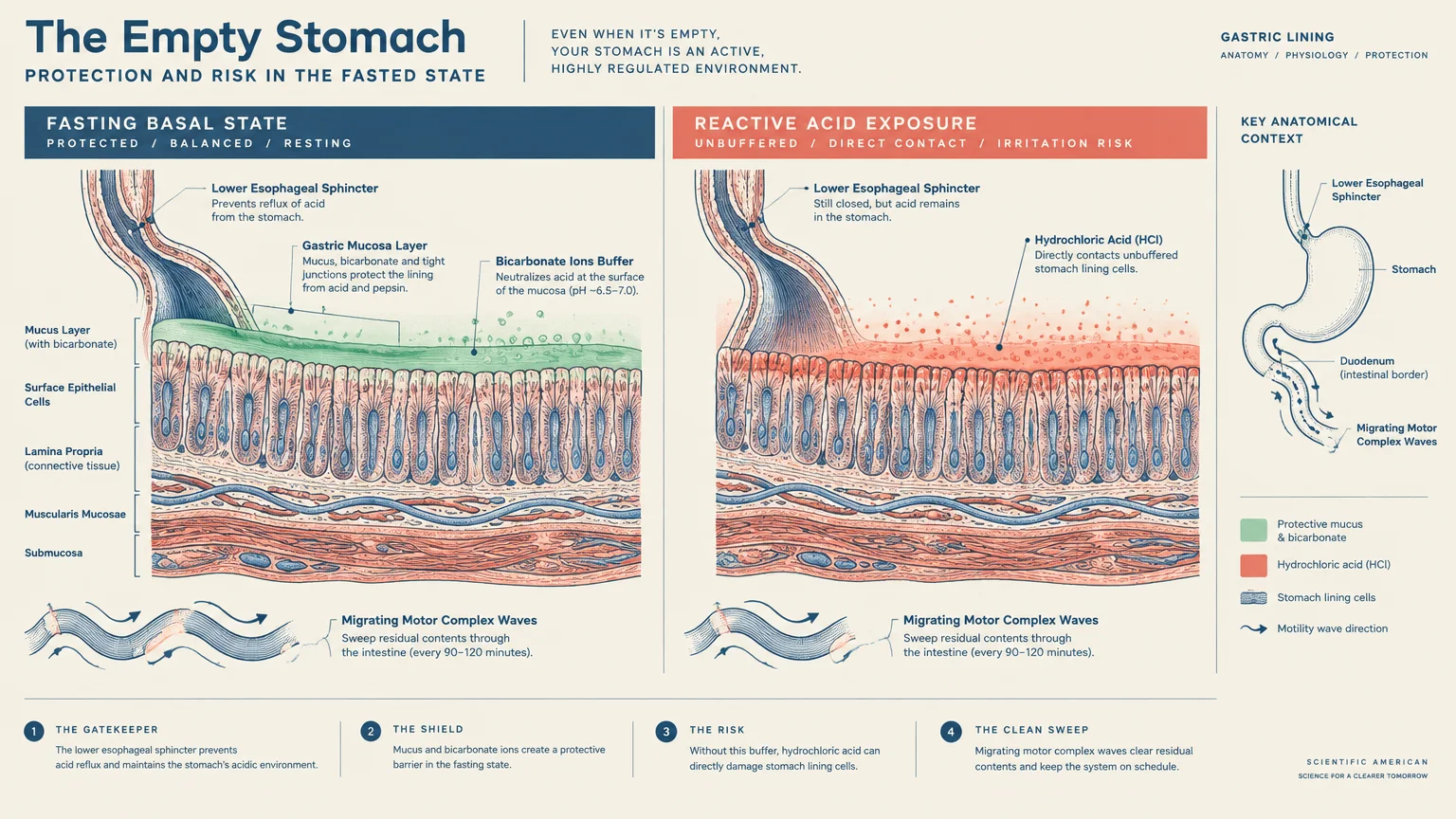 Medical diagram comparing stomach lining in a protected fasting basal state versus direct exposure to reactive acid.