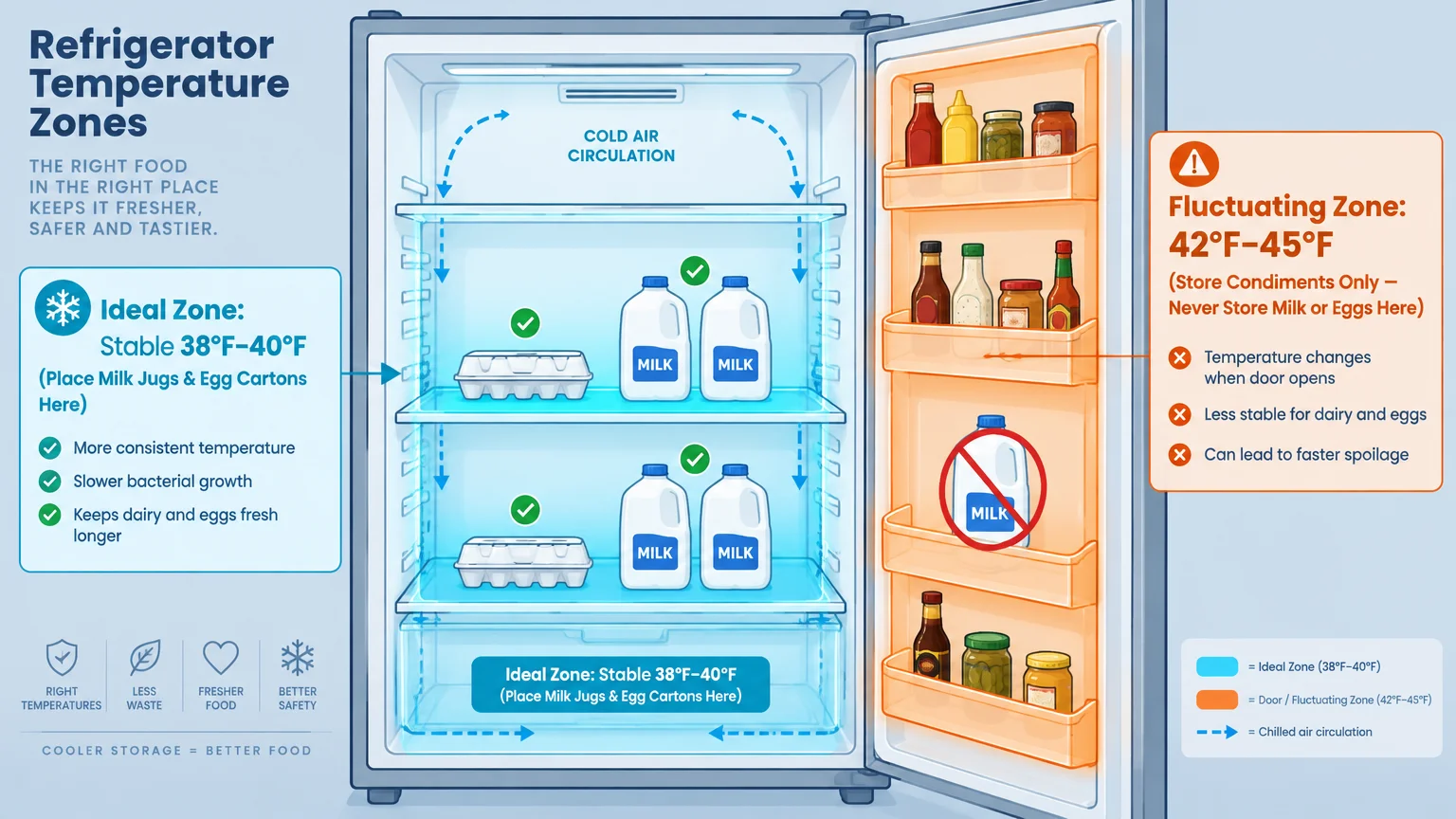 Diagram of refrigerator temperature zones showing milk and eggs on interior shelves and condiments in the door bins.