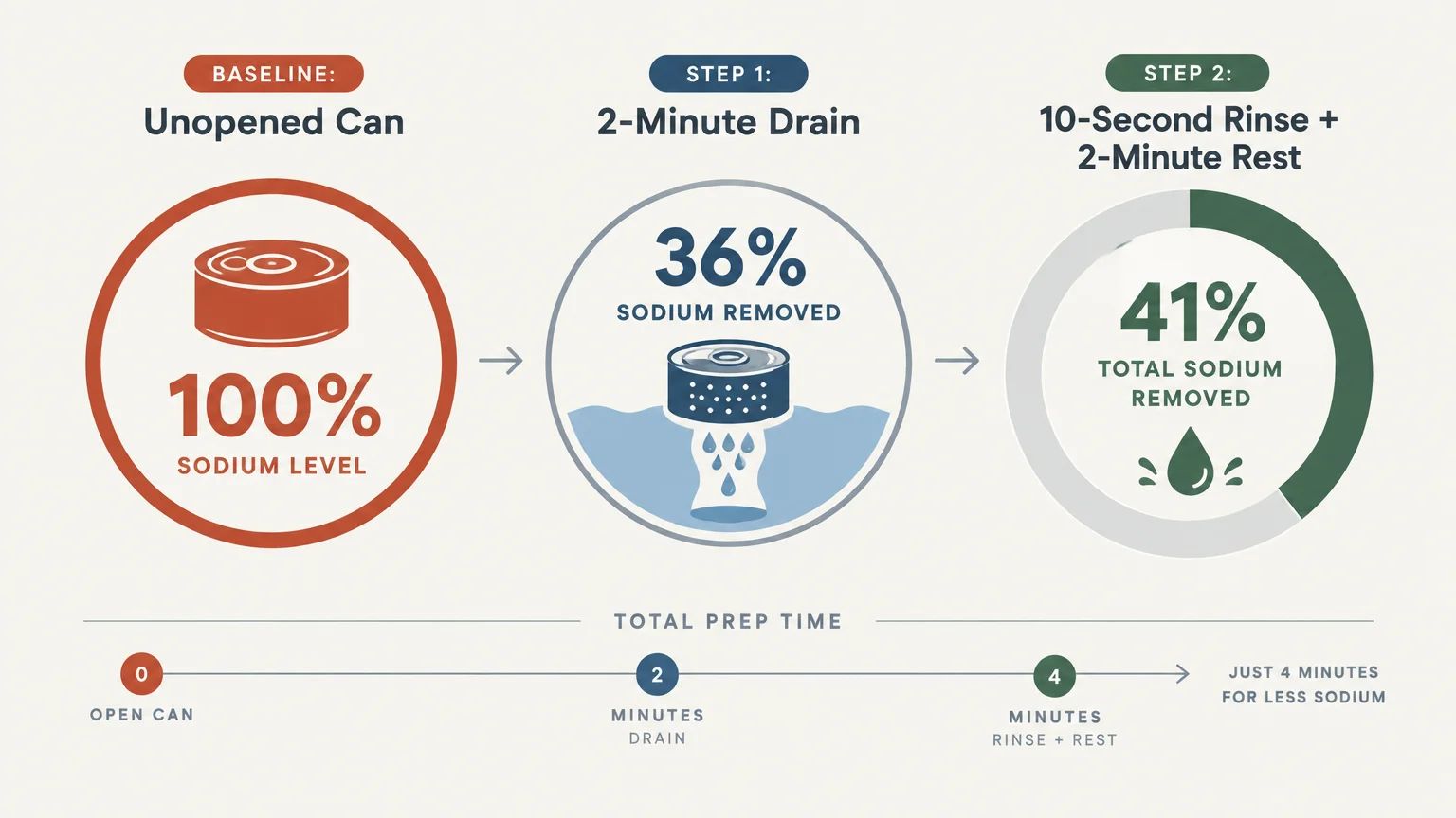 Diagram showing canned bean sodium reduction: 36% removed after a 2-minute drain, and 41% total removed after rinsing and resting.