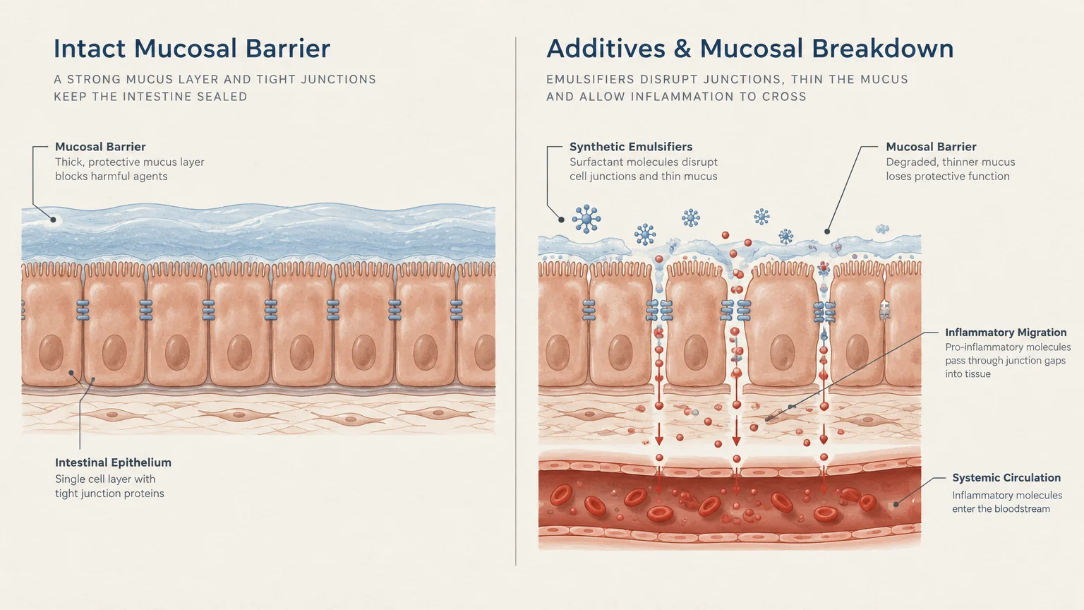Diagram comparing an intact intestinal mucosal barrier to one degraded by synthetic emulsifiers, allowing inflammatory migration.