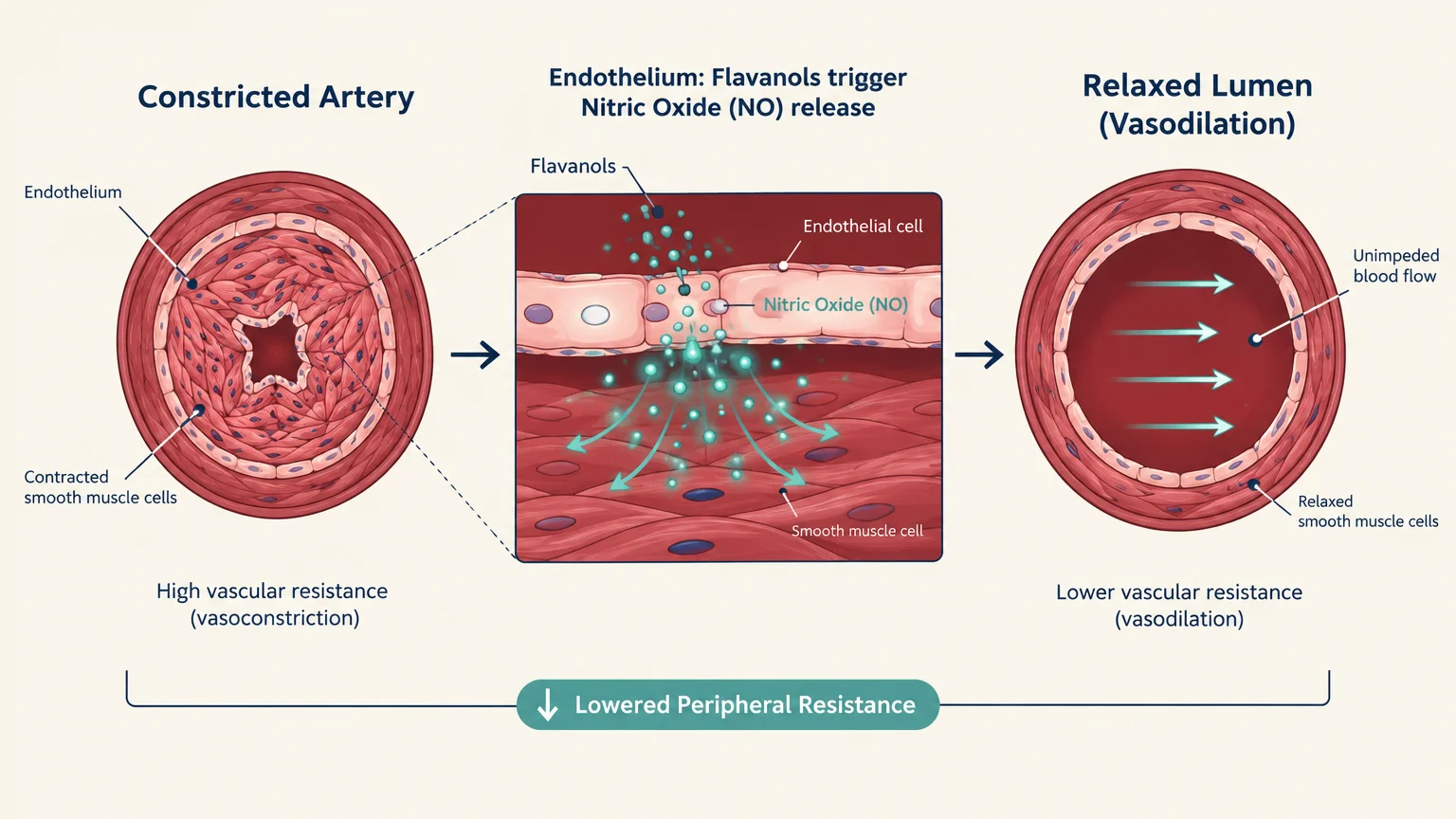 Diagram showing a constricted artery dilating into a relaxed lumen as flavanols prompt endothelial nitric oxide release.