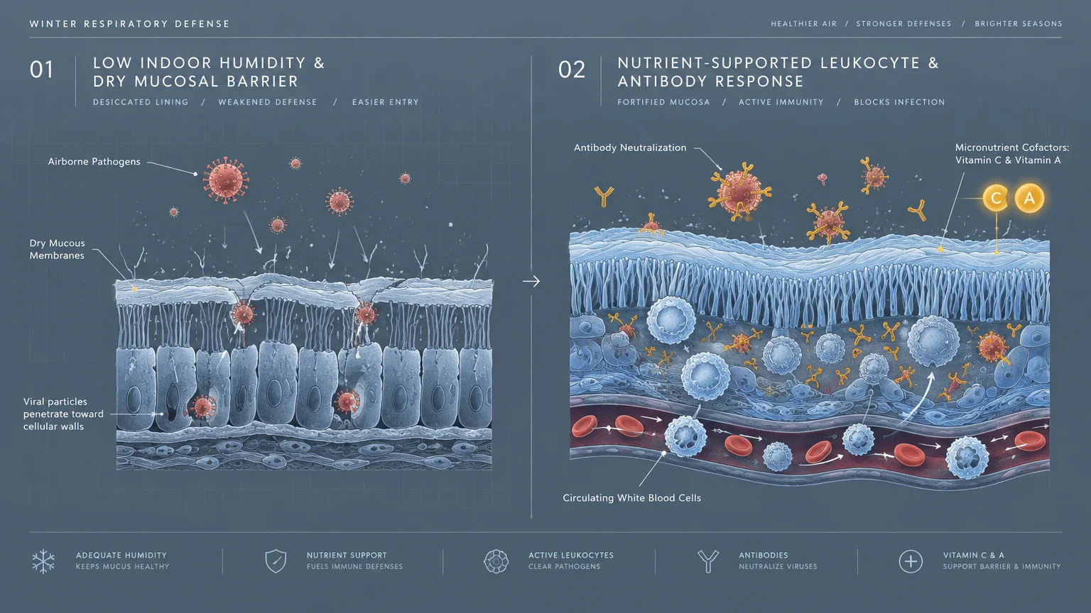 Medical diagram comparing a dry mucosal barrier allowing viral entry versus a fortified lining with active white blood cells.