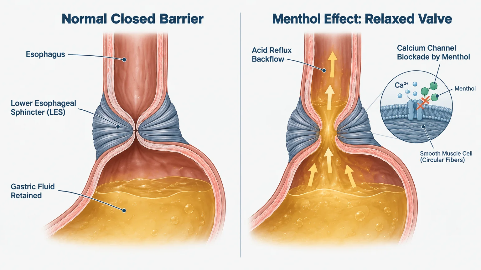 Diagram comparing a normal closed lower esophageal sphincter to a menthol-relaxed valve allowing acid reflux backflow.