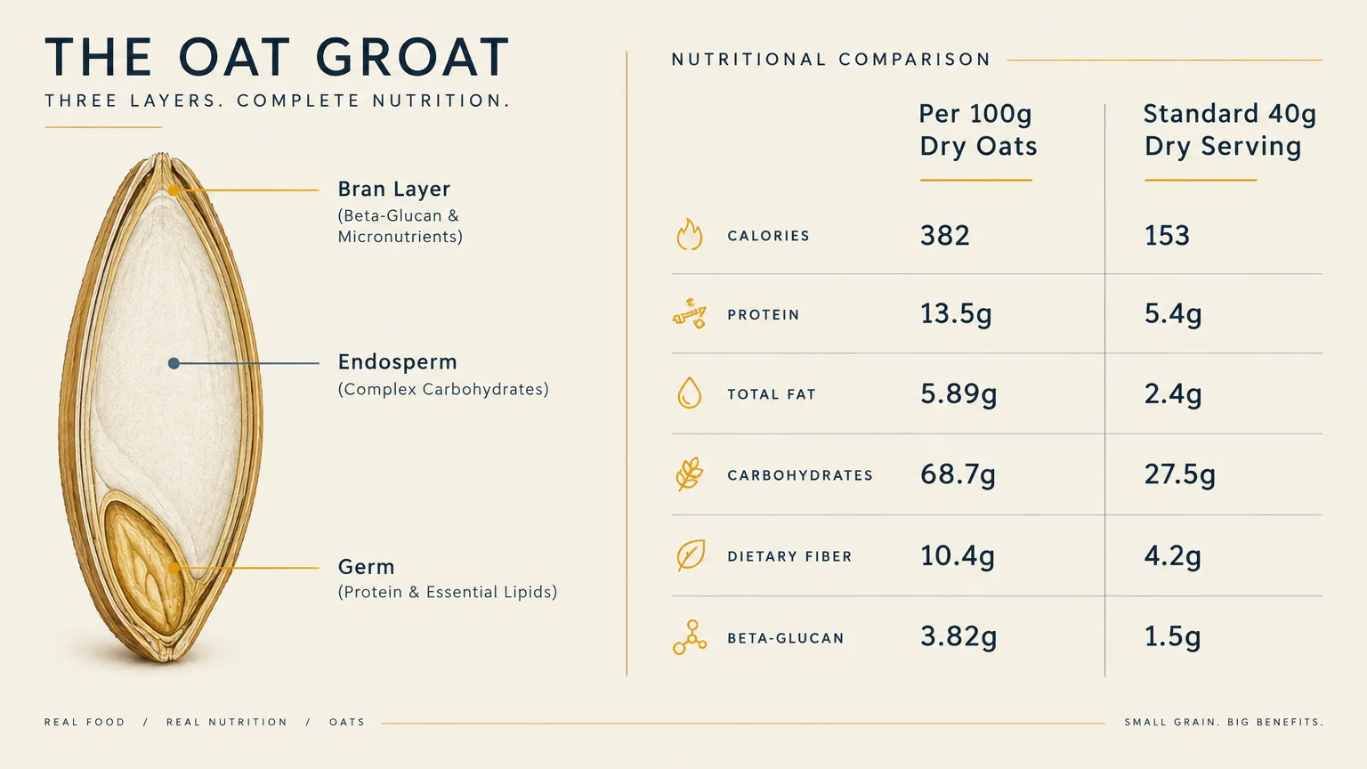 Diagram of an oat groat anatomy alongside a nutrition table comparing 100g dry oats to a standard 40g dry serving.