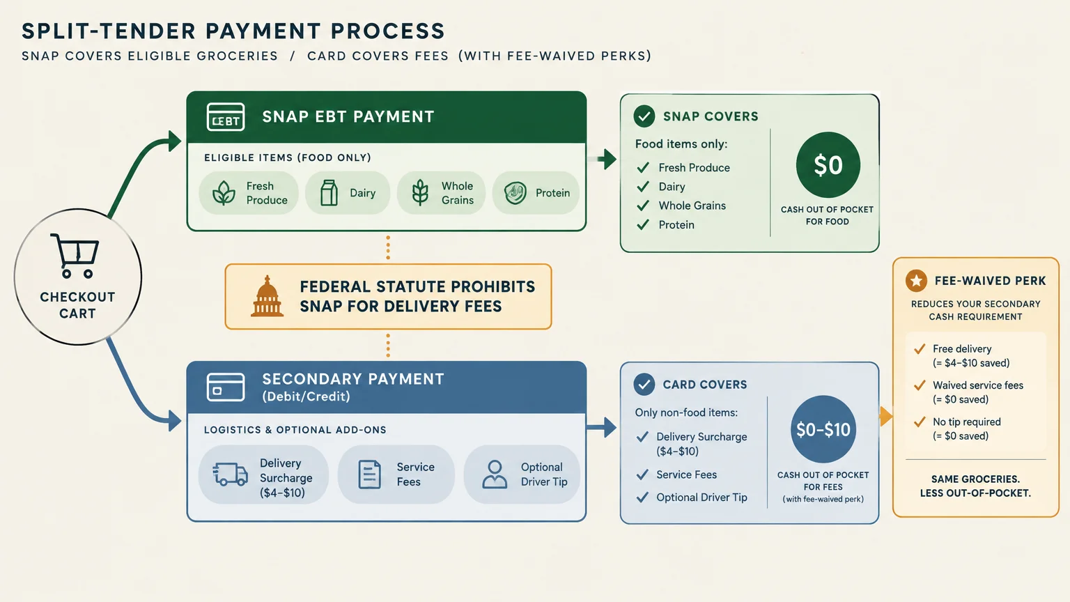 Diagram of a split-tender payment process dividing checkout between SNAP EBT for food and a card for delivery fees.