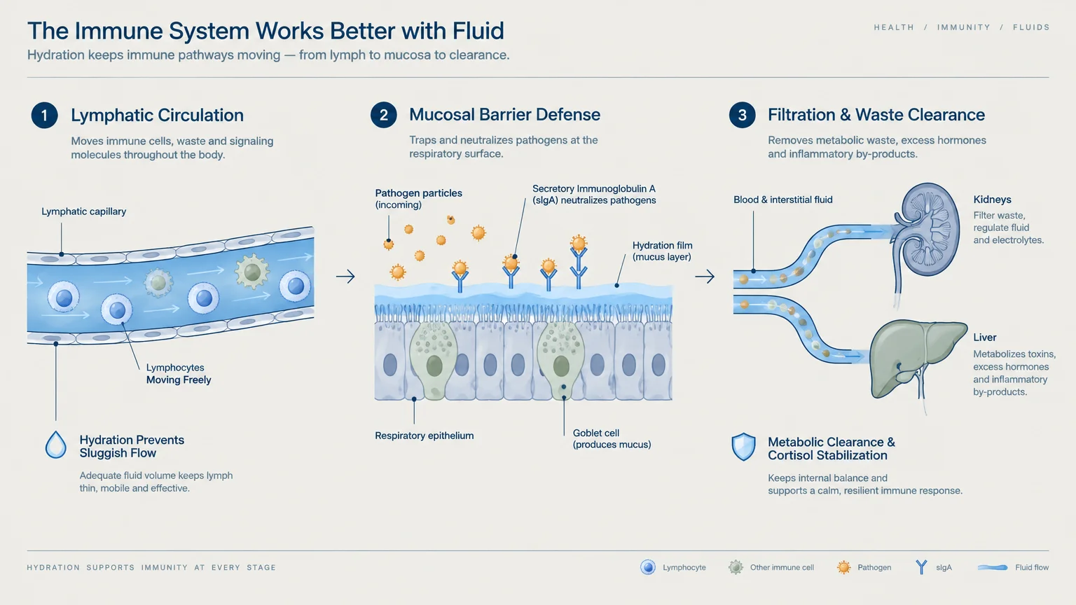 Medical infographic showing three steps: lymphatic circulation, mucosal barrier defense, and waste filtration by kidneys and liver.