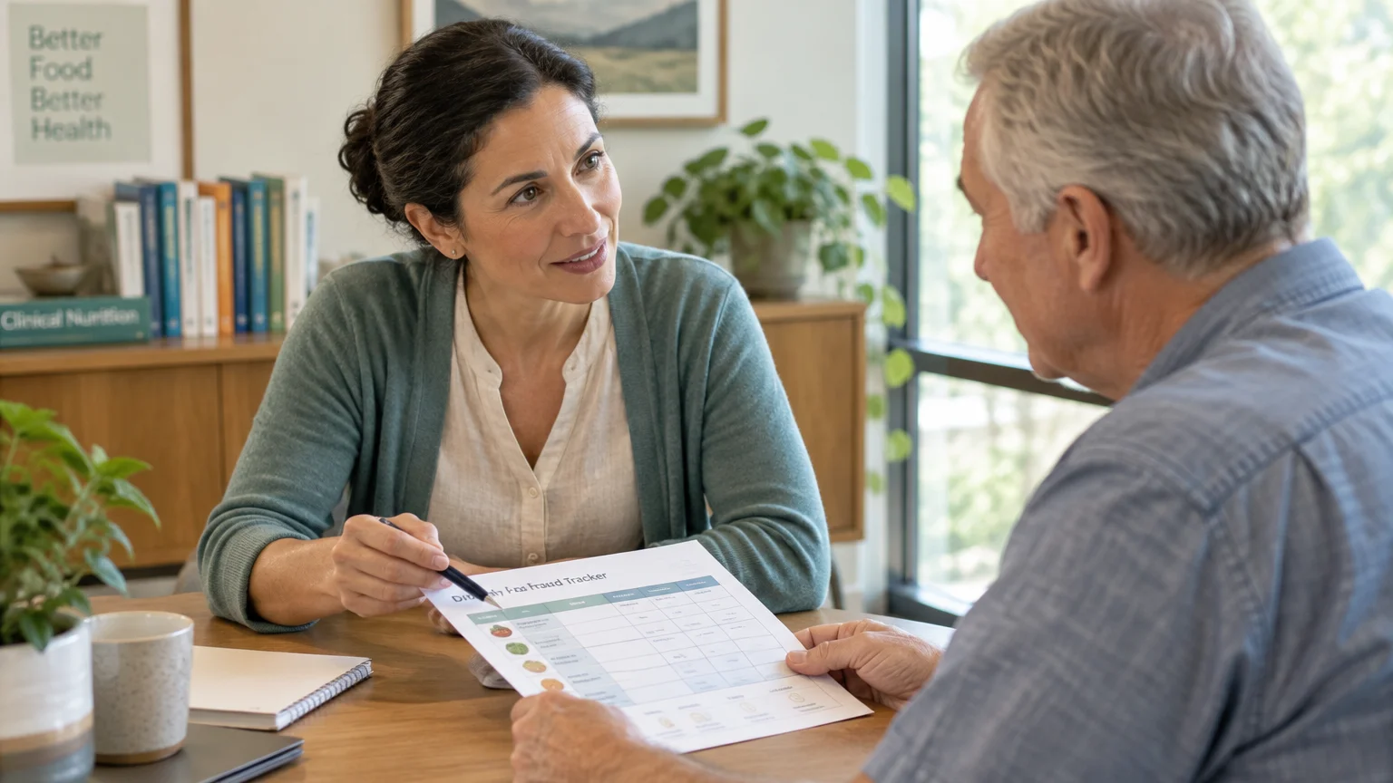 A nutritionist points with a pen to a printed food tracker while consulting with an older man at a wooden table.