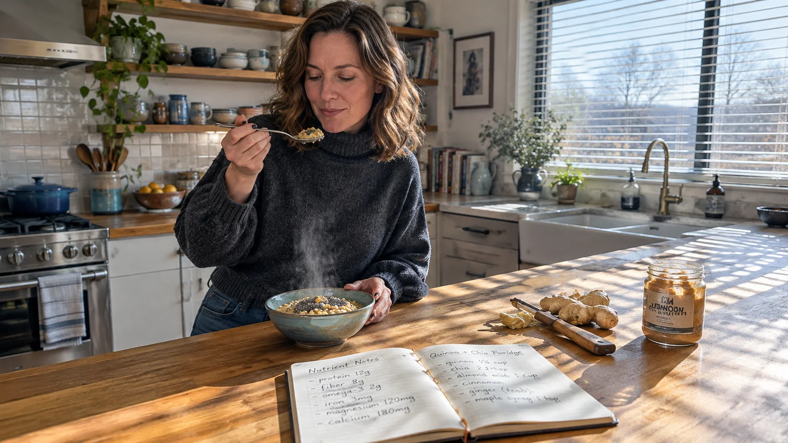 A woman eating steaming porridge at a wooden kitchen island beside an open recipe notebook and ginger root.