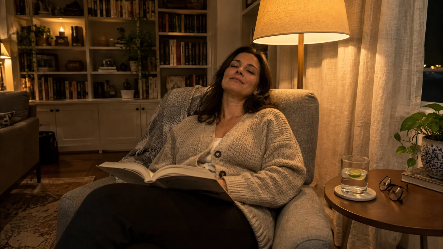A woman rests her head back with eyes closed while holding an open book under a warm floor lamp.