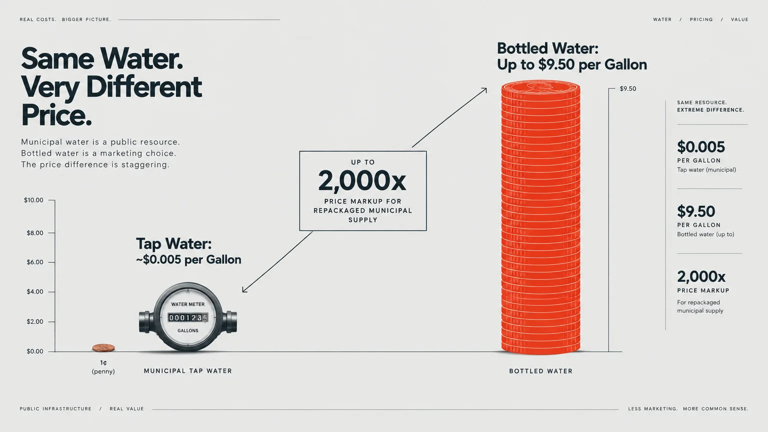 Infographic comparing tap water cost near a water meter to a tall stack of red coins representing bottled water price.