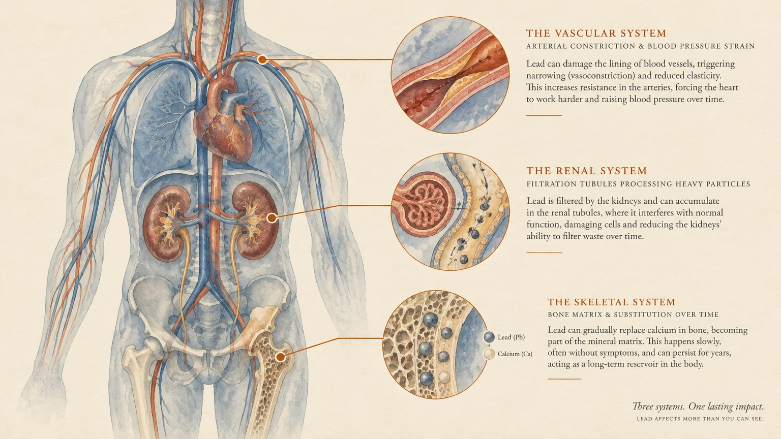Medical diagram of a human body with detailed cutouts showing lead's effects on the vascular, renal, and skeletal systems.