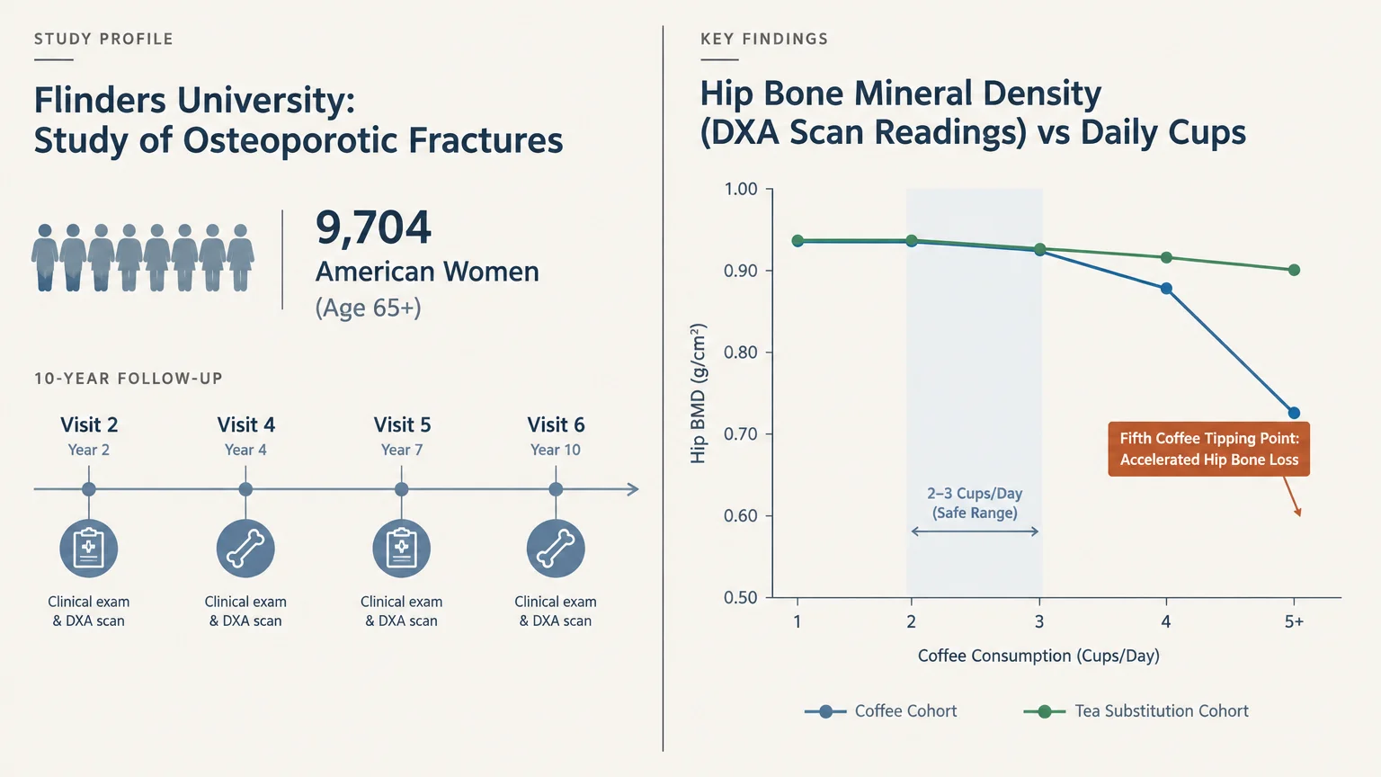 Infographic showing Flinders University study profile and a line graph tracking hip bone mineral density versus daily cups.