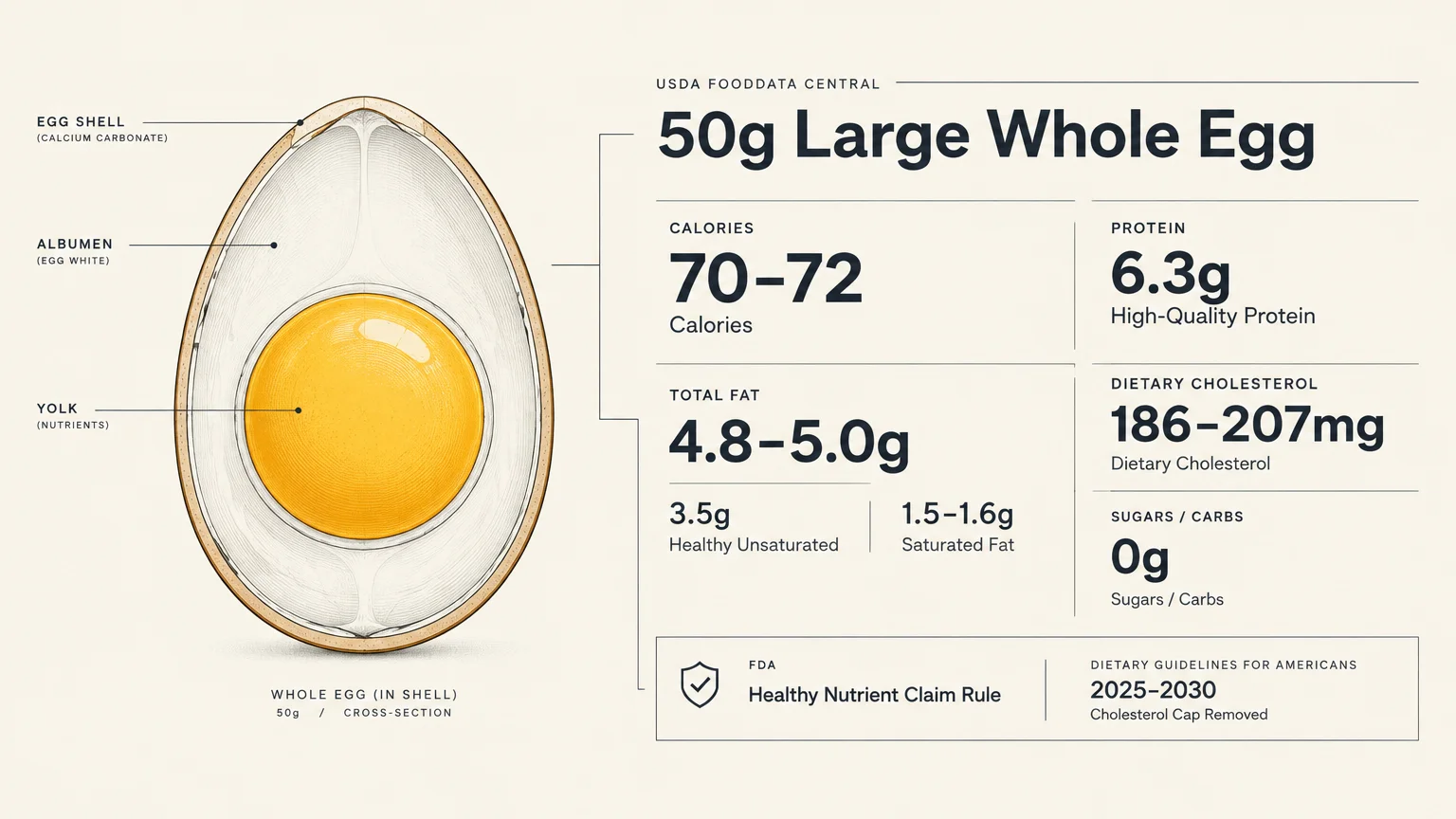 Diagram of an egg cross-section with nutritional breakdown including calories, protein, fat, and dietary cholesterol.