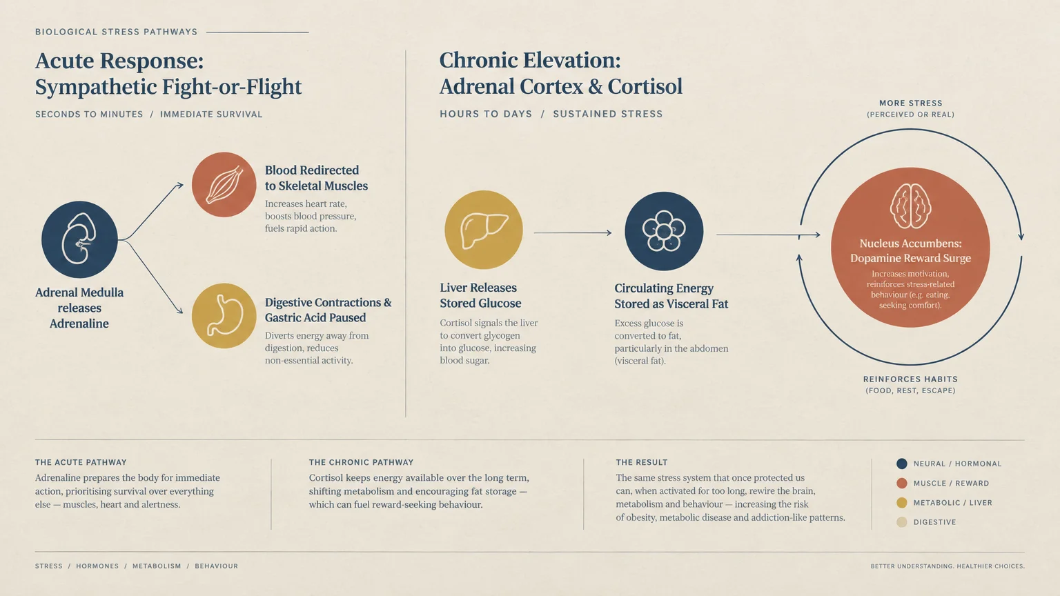 Diagram contrasting acute fight-or-flight stress pathways with chronic cortisol elevation and dopamine reward loops.