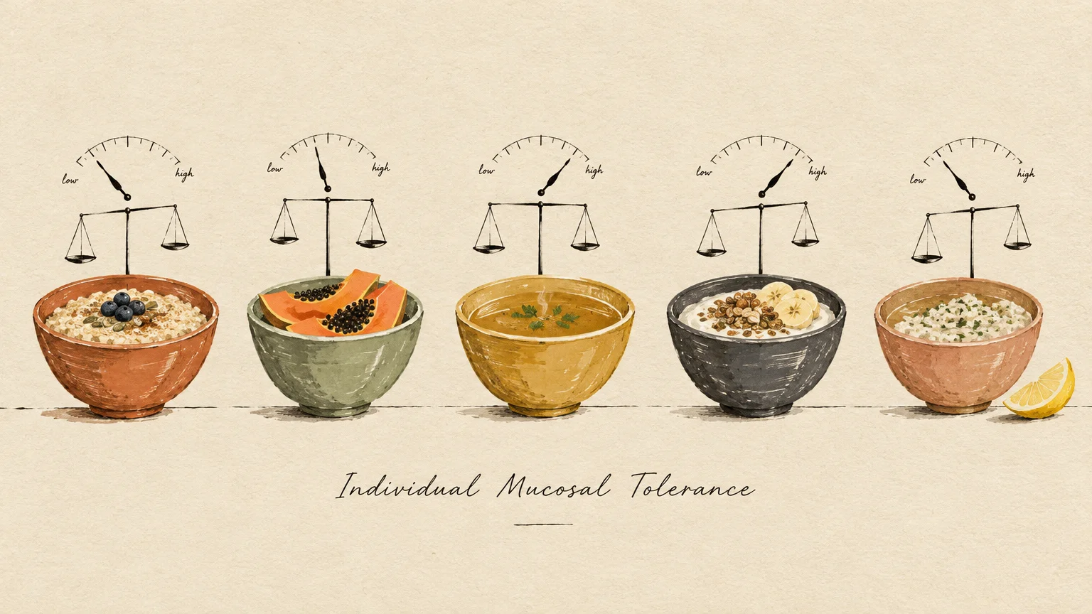 Five illustrated food bowls under scale meters showing low to high levels, titled Individual Mucosal Tolerance.