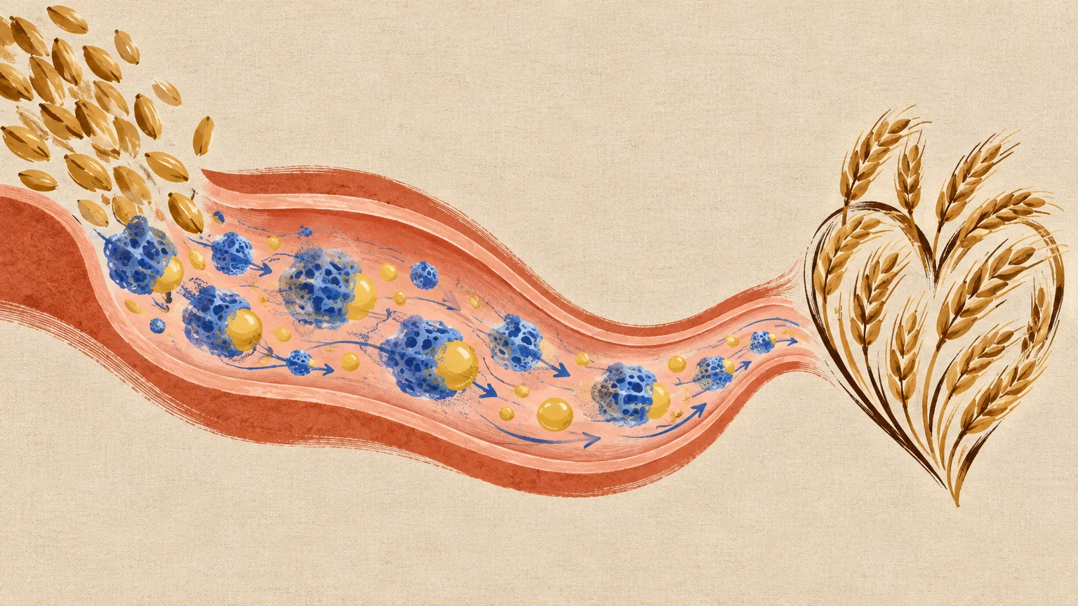 Illustration of grains entering a blood vessel with particles flowing toward a heart made of wheat stalks.