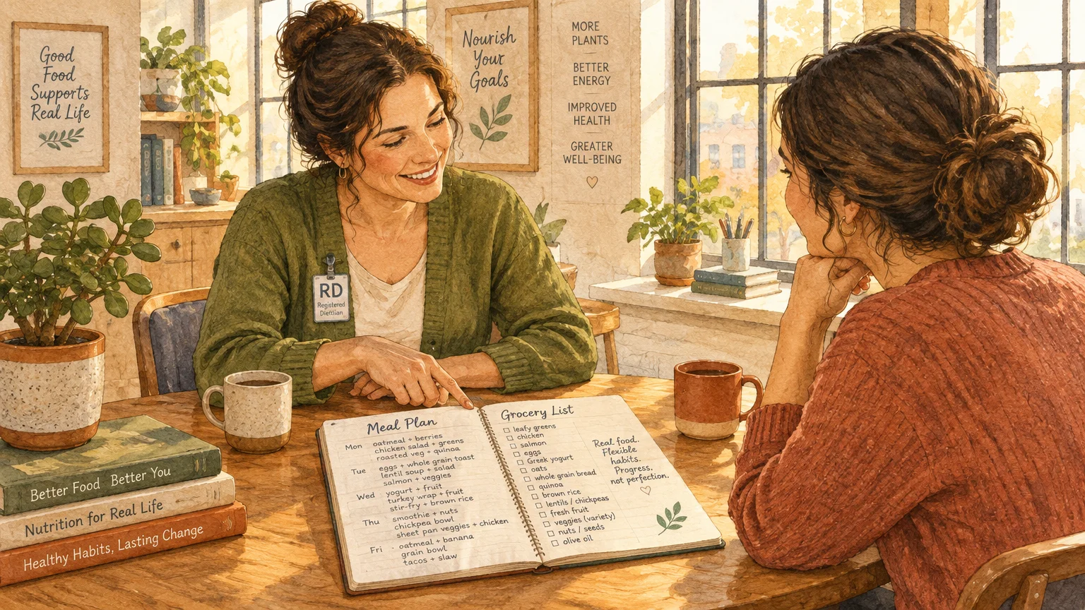 Illustration of a registered dietitian pointing at a meal plan notebook during a consultation with a client.