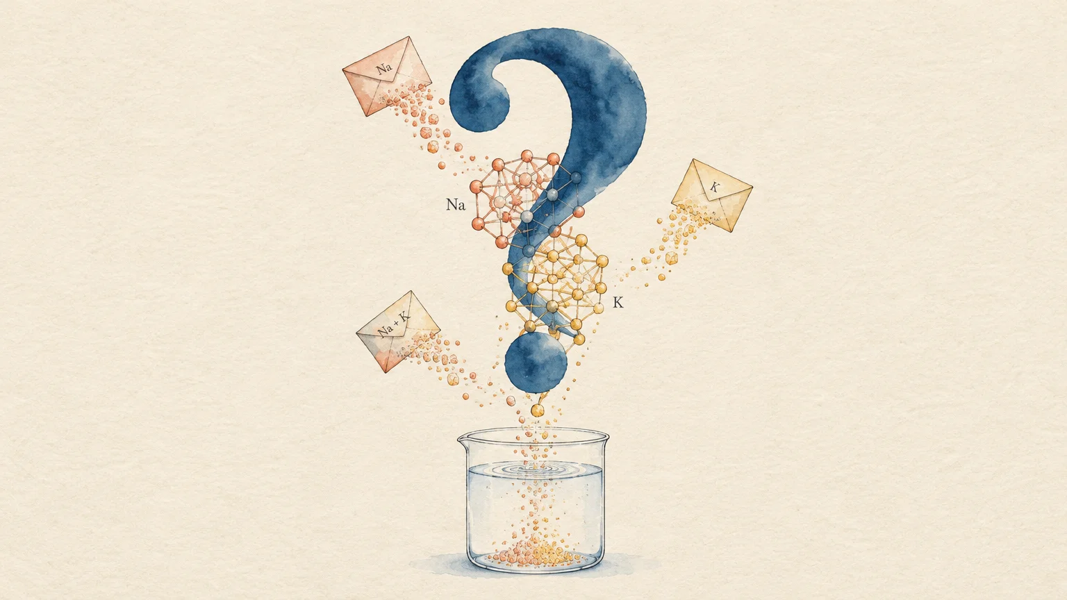 Watercolor of envelopes labeled sodium and potassium pouring minerals past a large blue question mark into a glass beaker.