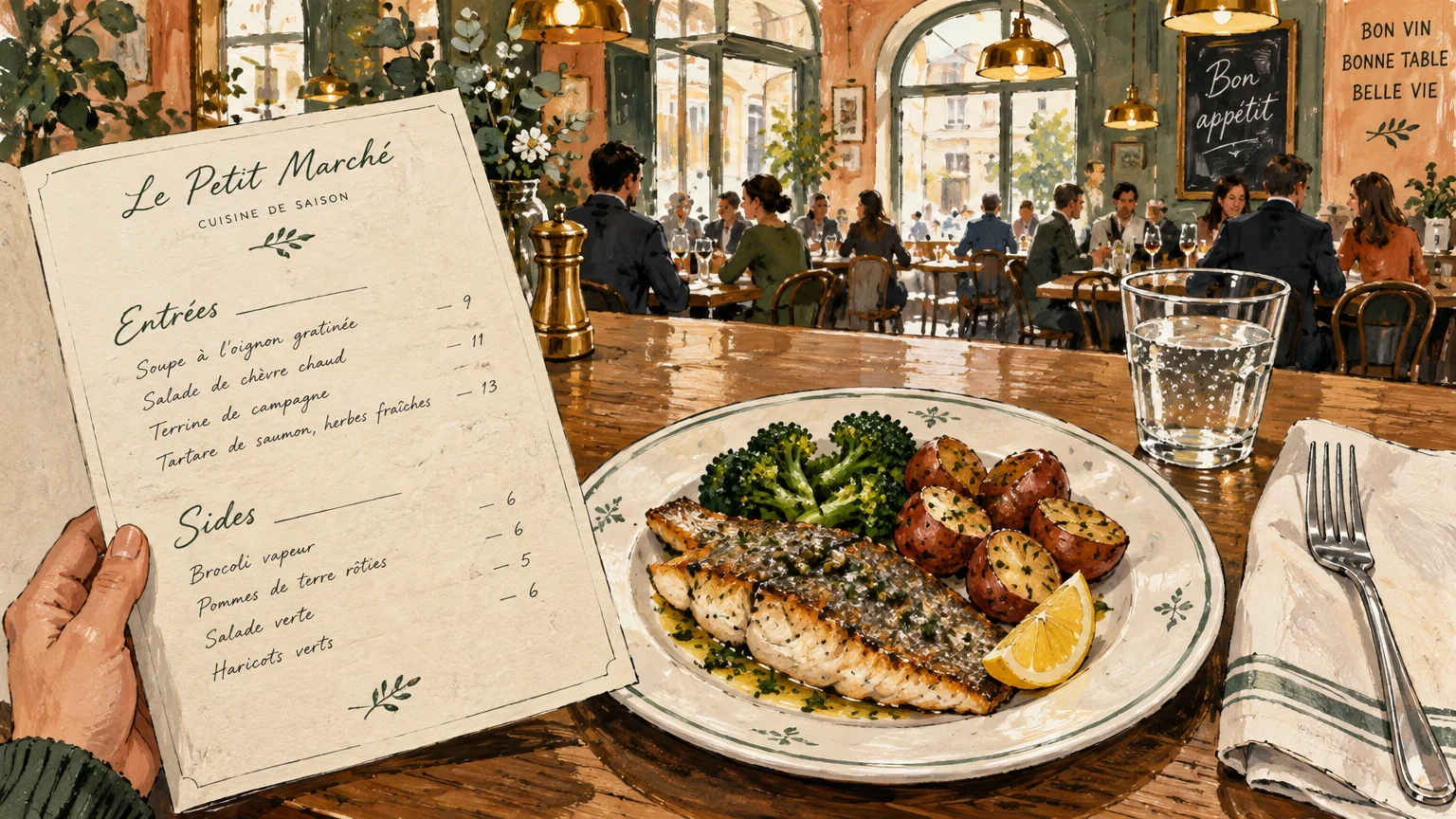 Illustration of a diner holding a menu before a plated fish fillet with broccoli, roasted potatoes, and a glass of water.