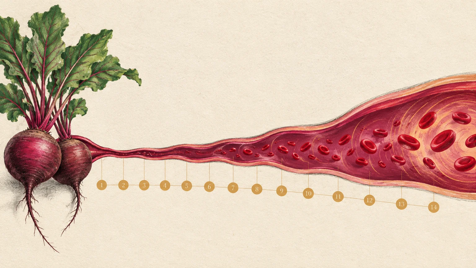Illustration of beets with roots extending into an expanding blood vessel containing red blood cells and numbered 1 to 14.