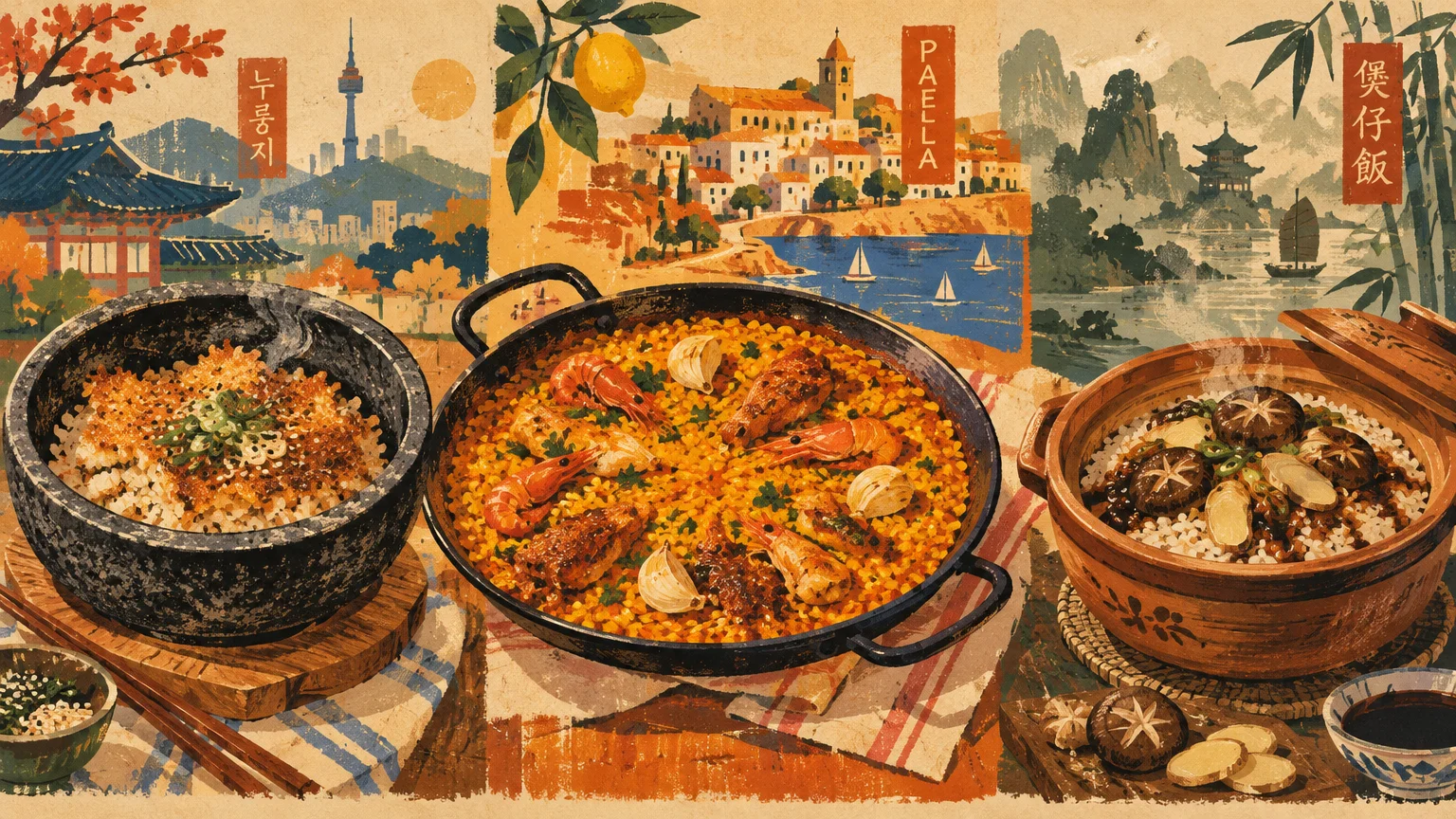 Illustration of three cultural rice dishes in cooking pots, including Korean nurungji, Spanish seafood paella, and claypot rice.