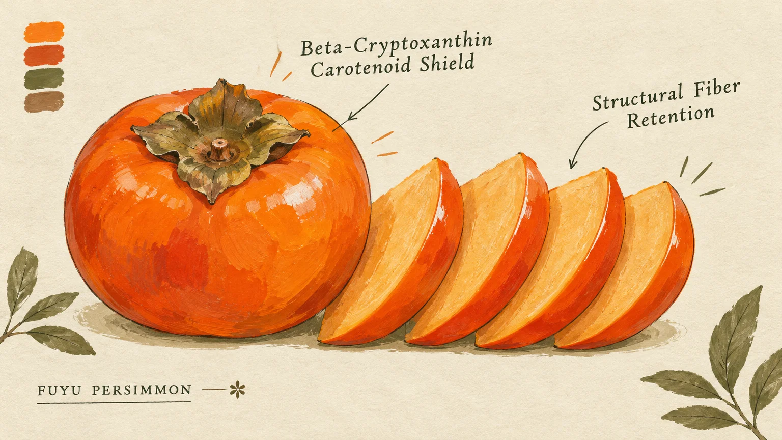 A whole orange Fuyu persimmon beside four sliced wedges, with diagram text labels and a color palette swatch.