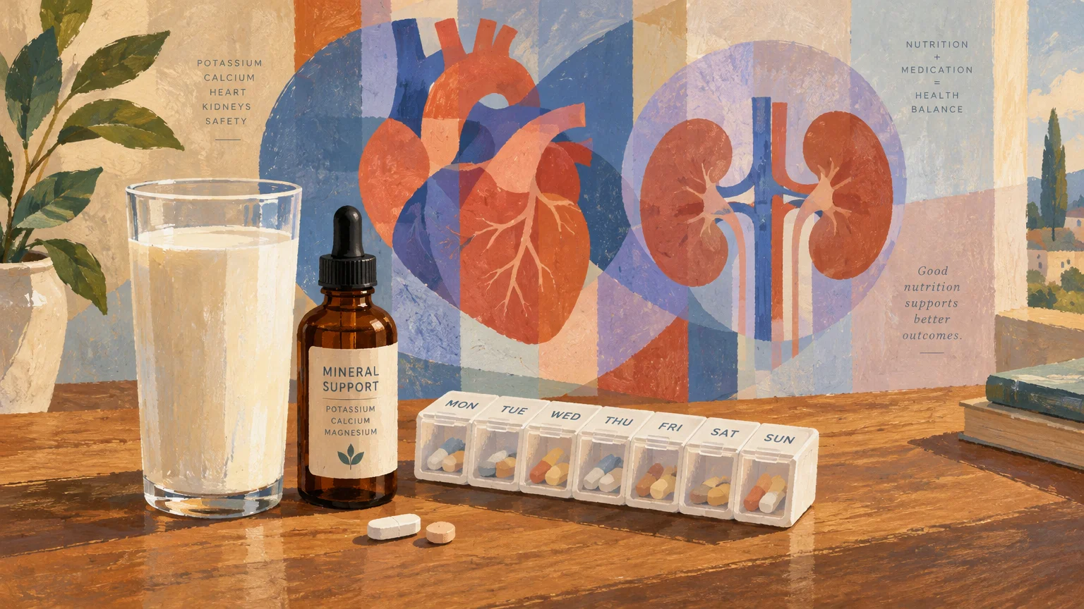 Glass of milk, dropper bottle, and weekly pill organizer on a table before heart and kidney medical illustrations.