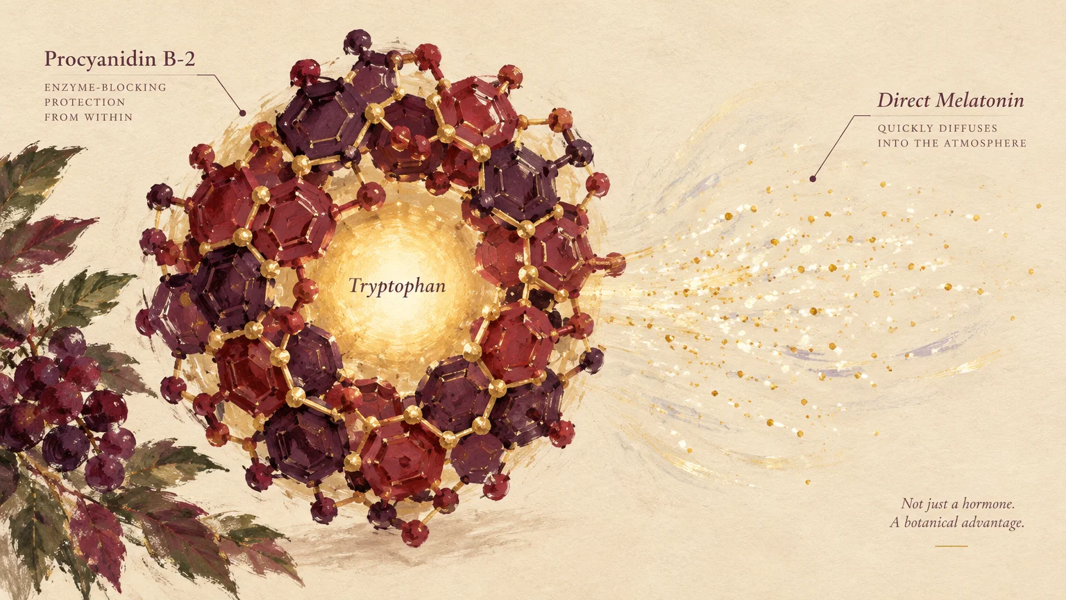 Botanical diagram showing a molecular ring of procyanidin B-2 shielding a glowing tryptophan core beside drifting particles.