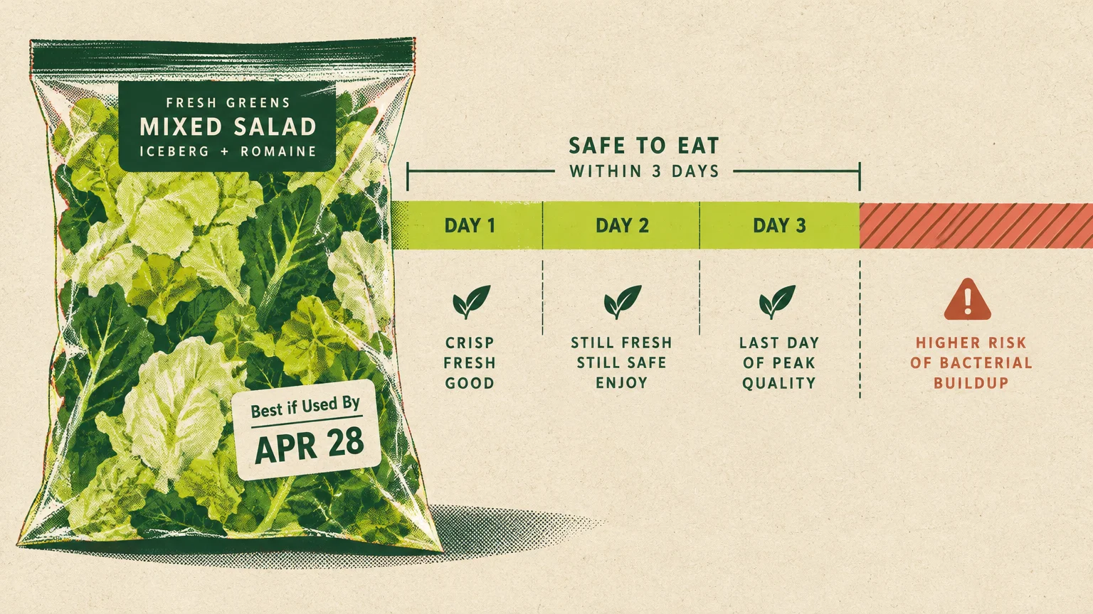 Illustration of bagged mixed salad beside a timeline showing safe consumption over three days before risk increases.