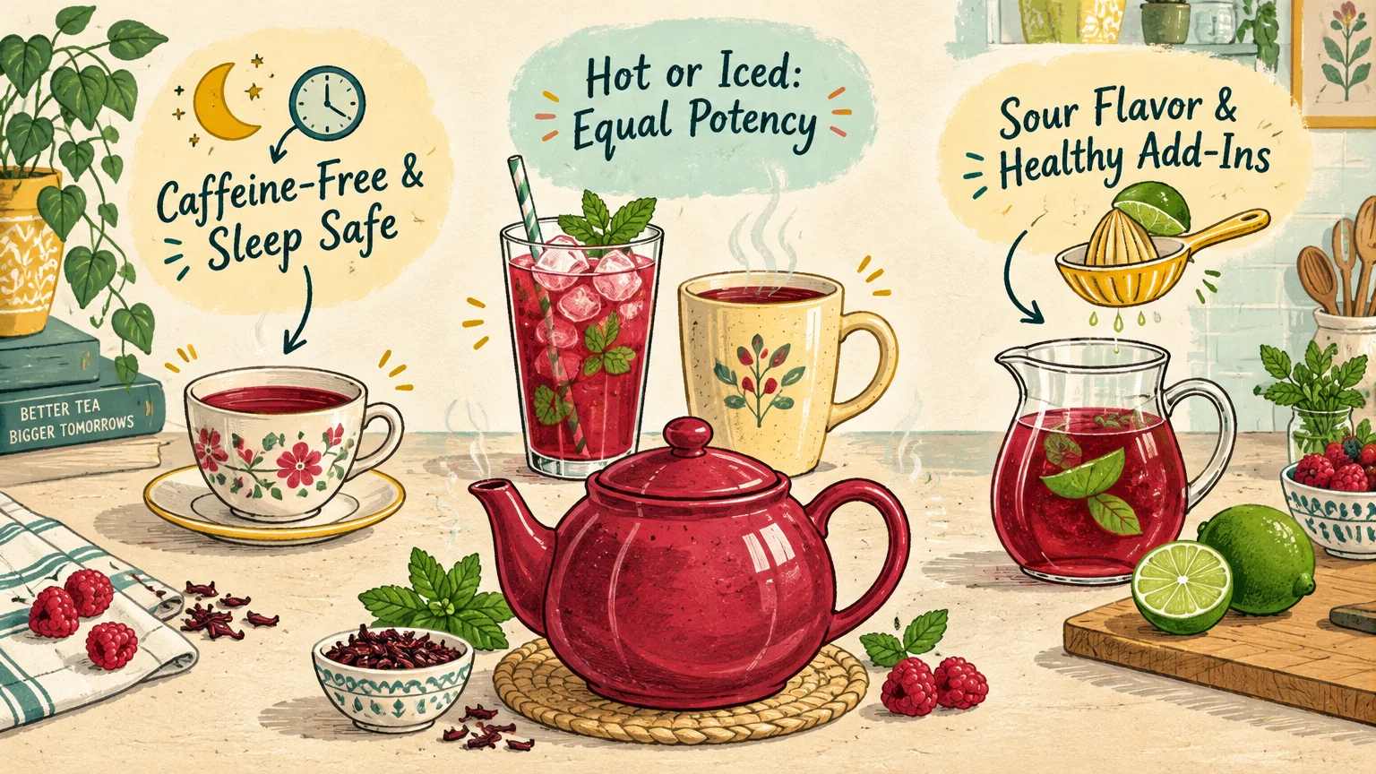 Illustration of hot and iced hibiscus tea drinks, a red teapot, limes, berries, and text callouts on tea benefits.