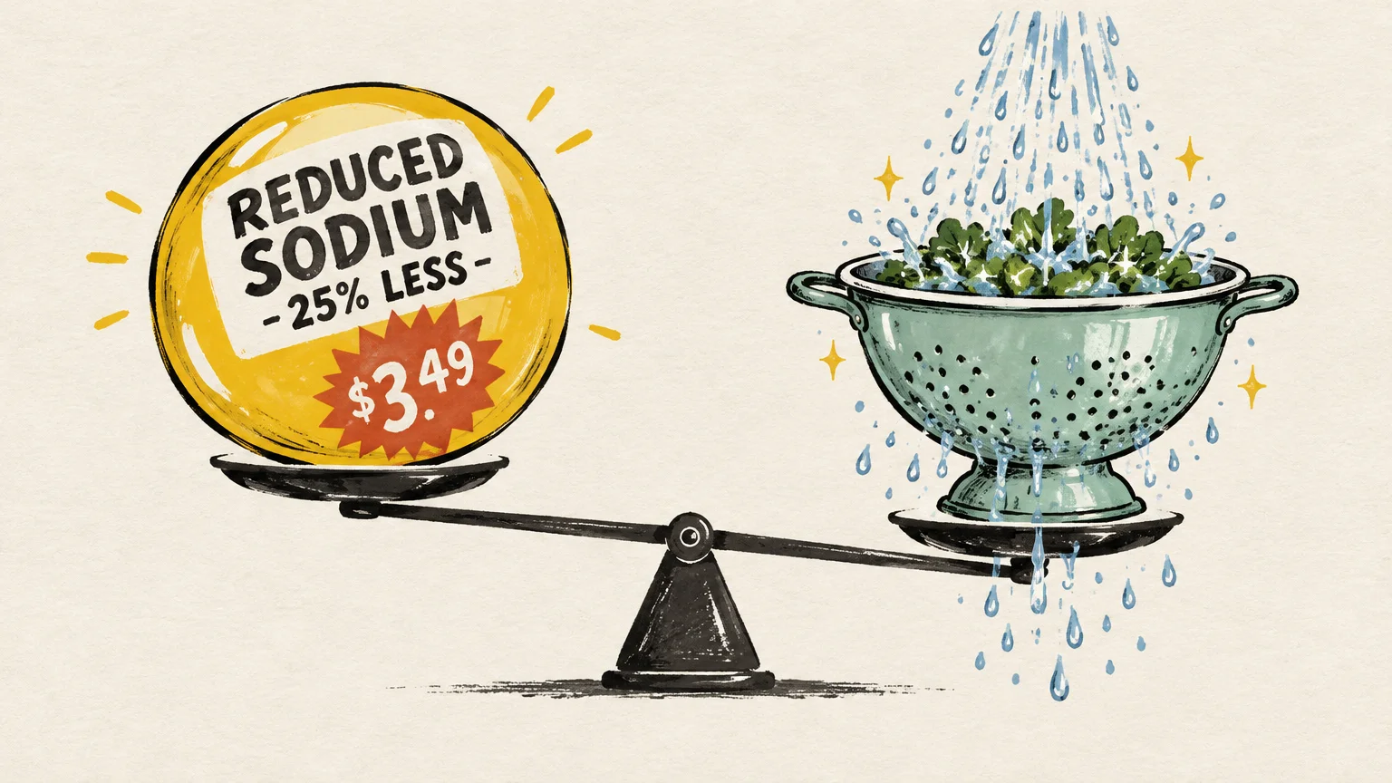 Illustration of a scale weighing a reduced sodium badge against a colander of greens rinsed with water.