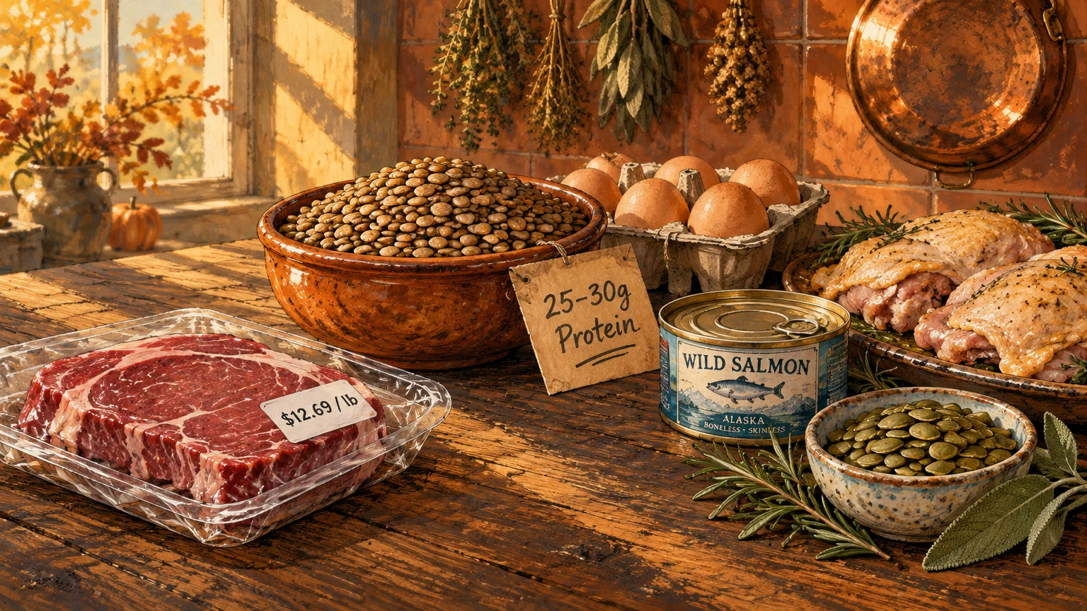 Raw steak labeled $12.69 per pound beside lentils, eggs, canned salmon, pumpkin seeds, and chicken thighs on a wooden table.