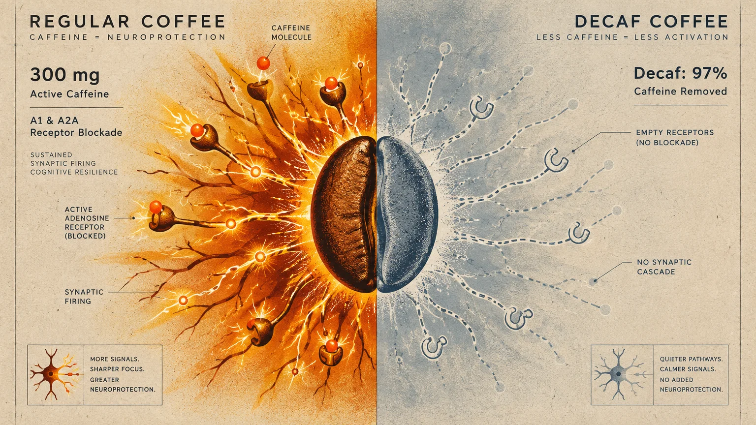 Diagram comparing a coffee bean split into an active neural side for regular coffee and an inactive side for decaf.