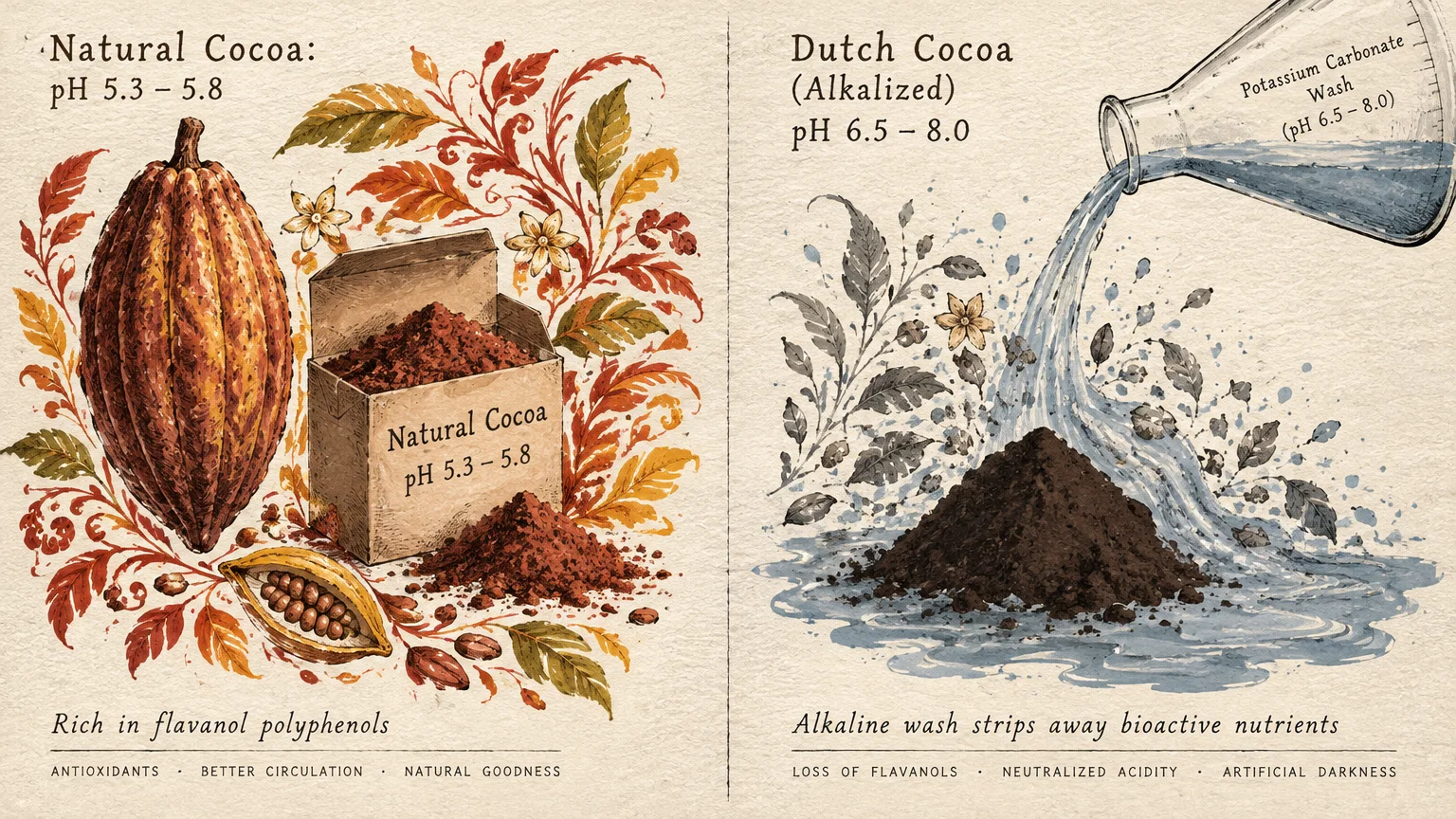 Split illustration comparing natural cocoa with warm foliage against Dutch cocoa washed by liquid from a beaker.