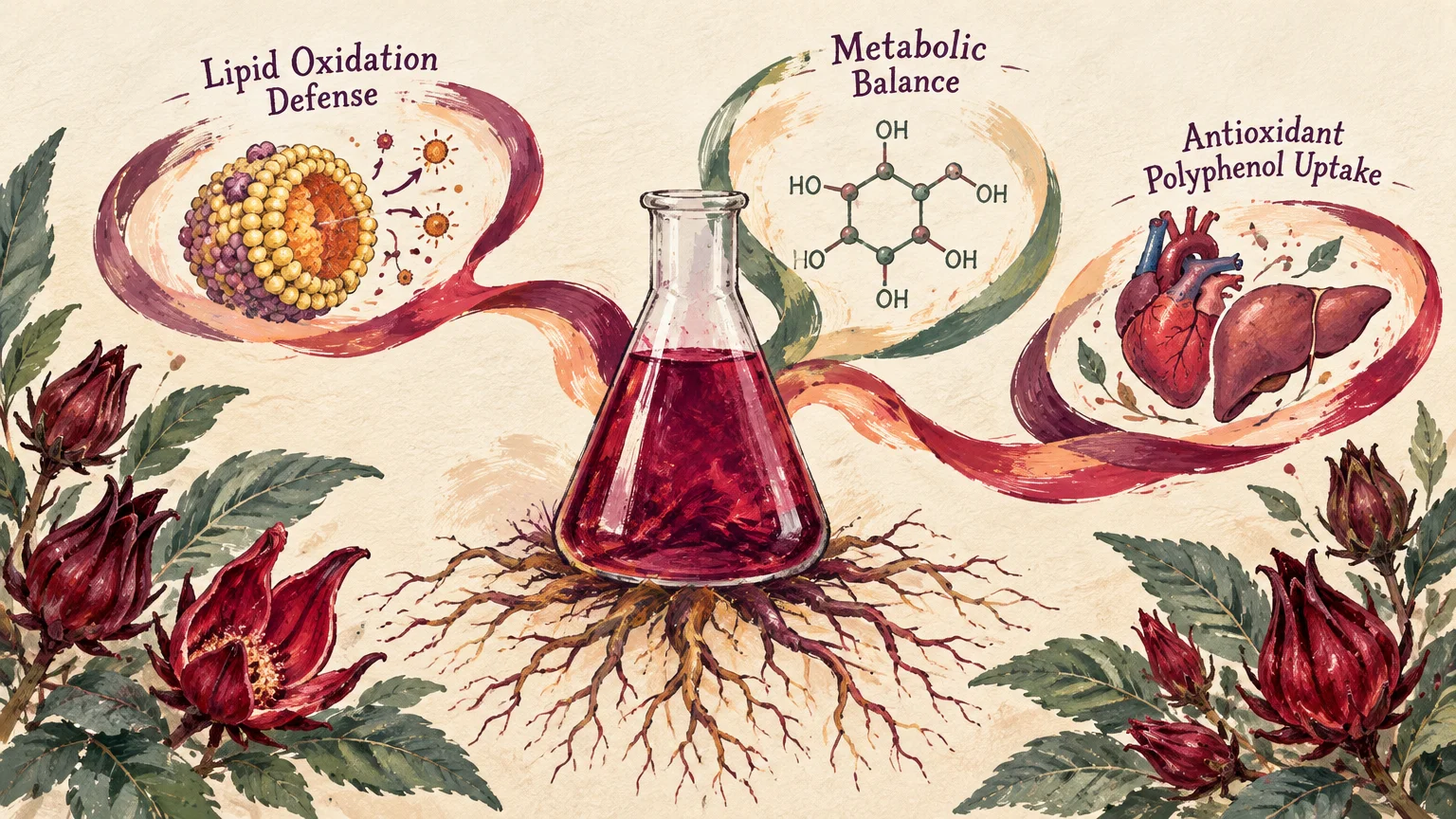 Central beaker of red liquid rooted among hibiscus flowers, with ribbons depicting lipid defense, molecules, and organs.