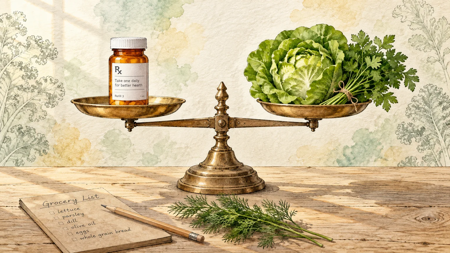A brass balance scale weighing a pill bottle against leafy cabbage and parsley beside a grocery list on a wooden table.