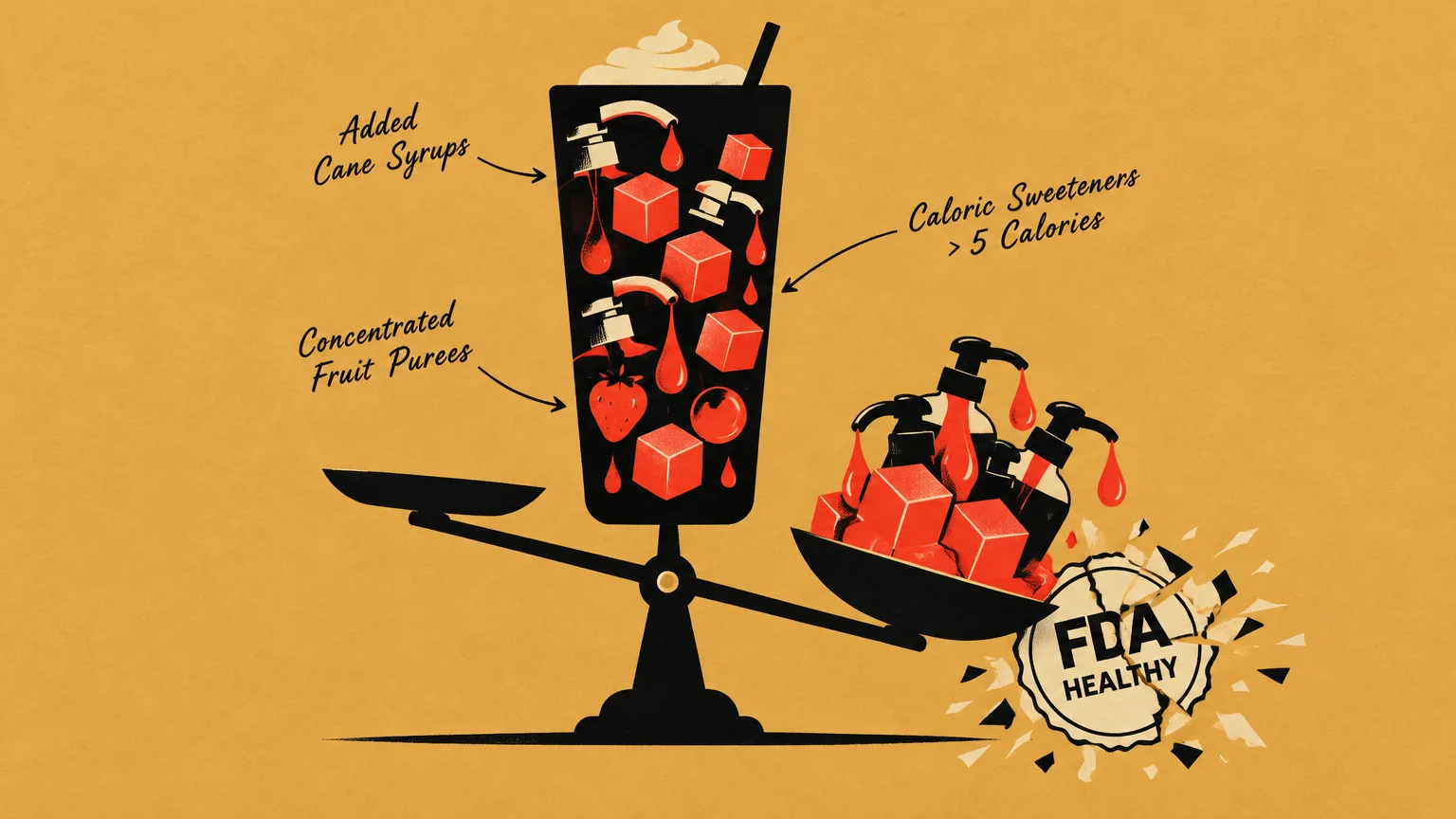 Illustration of a scale weighed down by syrup dispensers and sugar cubes, shattering an FDA Healthy seal beneath it.